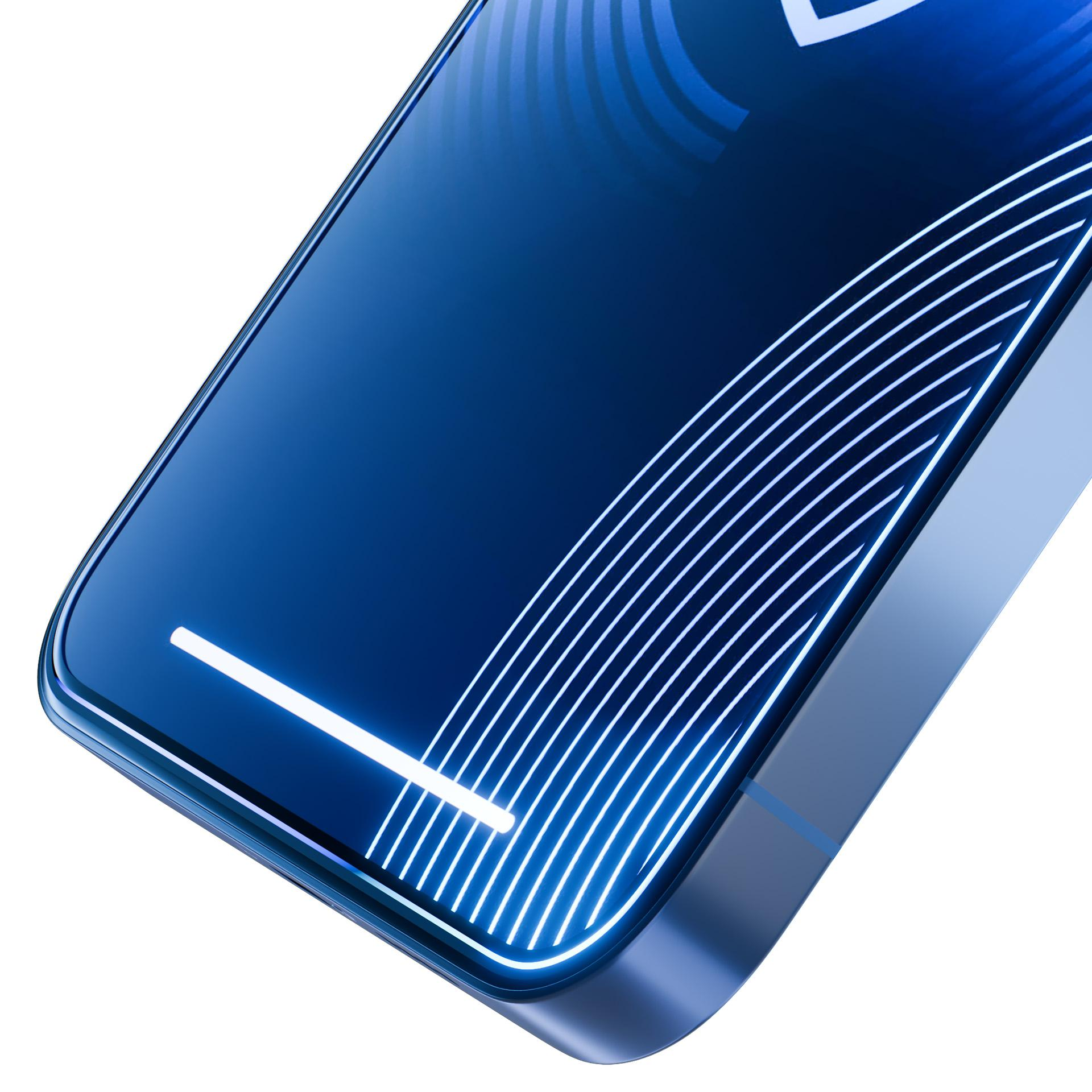 Primo piano di uno smartphone blu. Linee bianche e una barra bianca sullo schermo. Il telefono ha una cornice metallica.