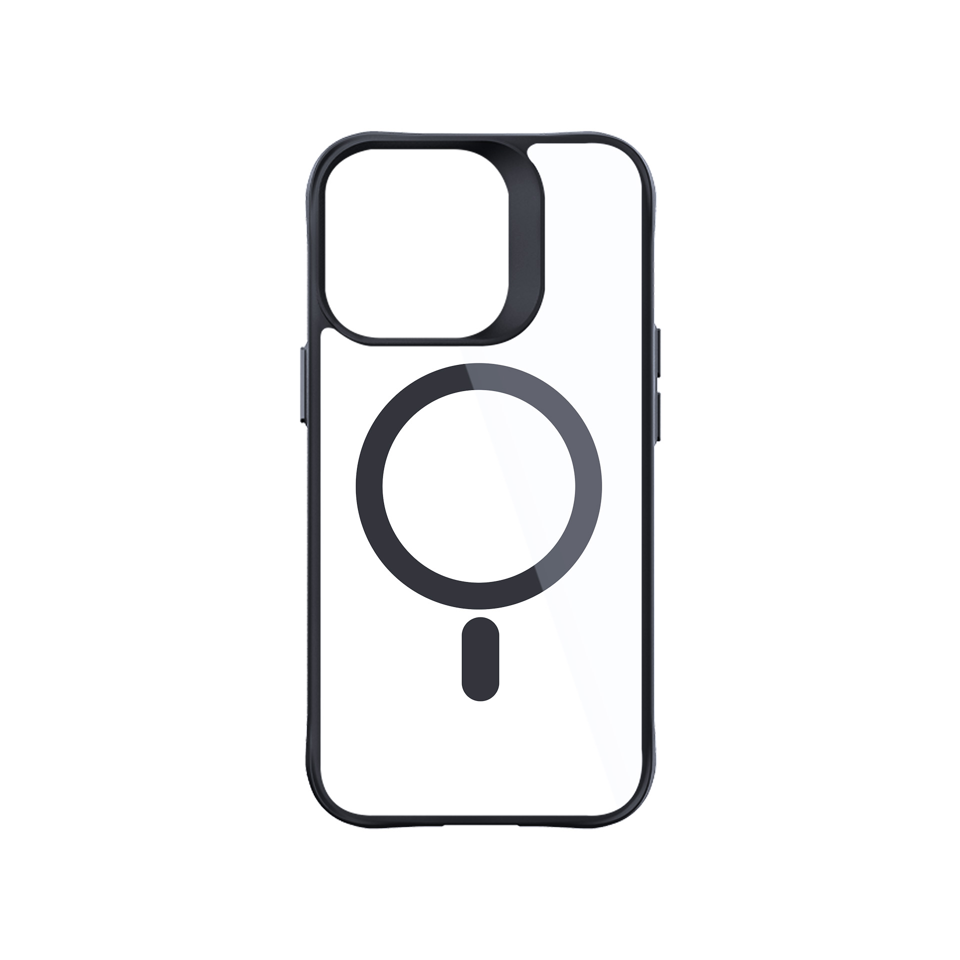 Una custodia trasparente per telefono con bordi neri, un ritaglio per la fotocamera e un design MagSafe nero.