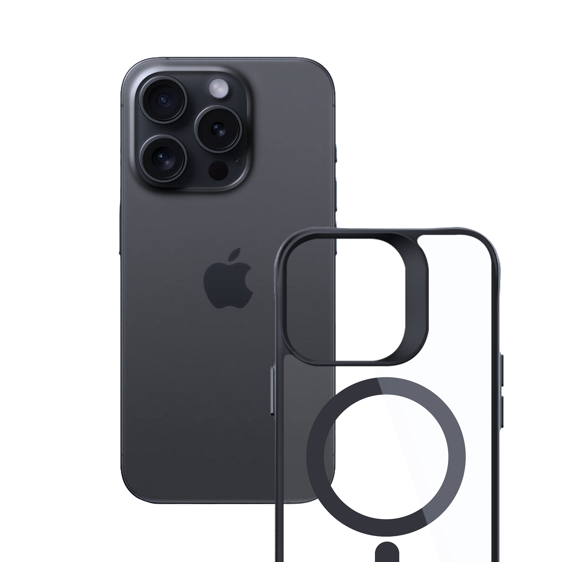Un iPhone grigio scuro con una custodia trasparente. Il telefono ha quattro fotocamere. La custodia mostra un anello MagSafe.