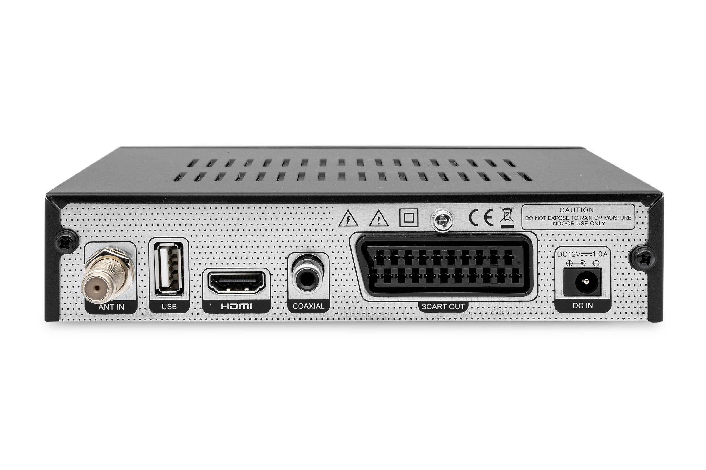 Schwarze Set-Top-Box mit mehreren Anschlüssen: ANT IN, USB, HDMI, Koaxial, SCART OUT und DC IN. Sie hat einen Warnhinweis.