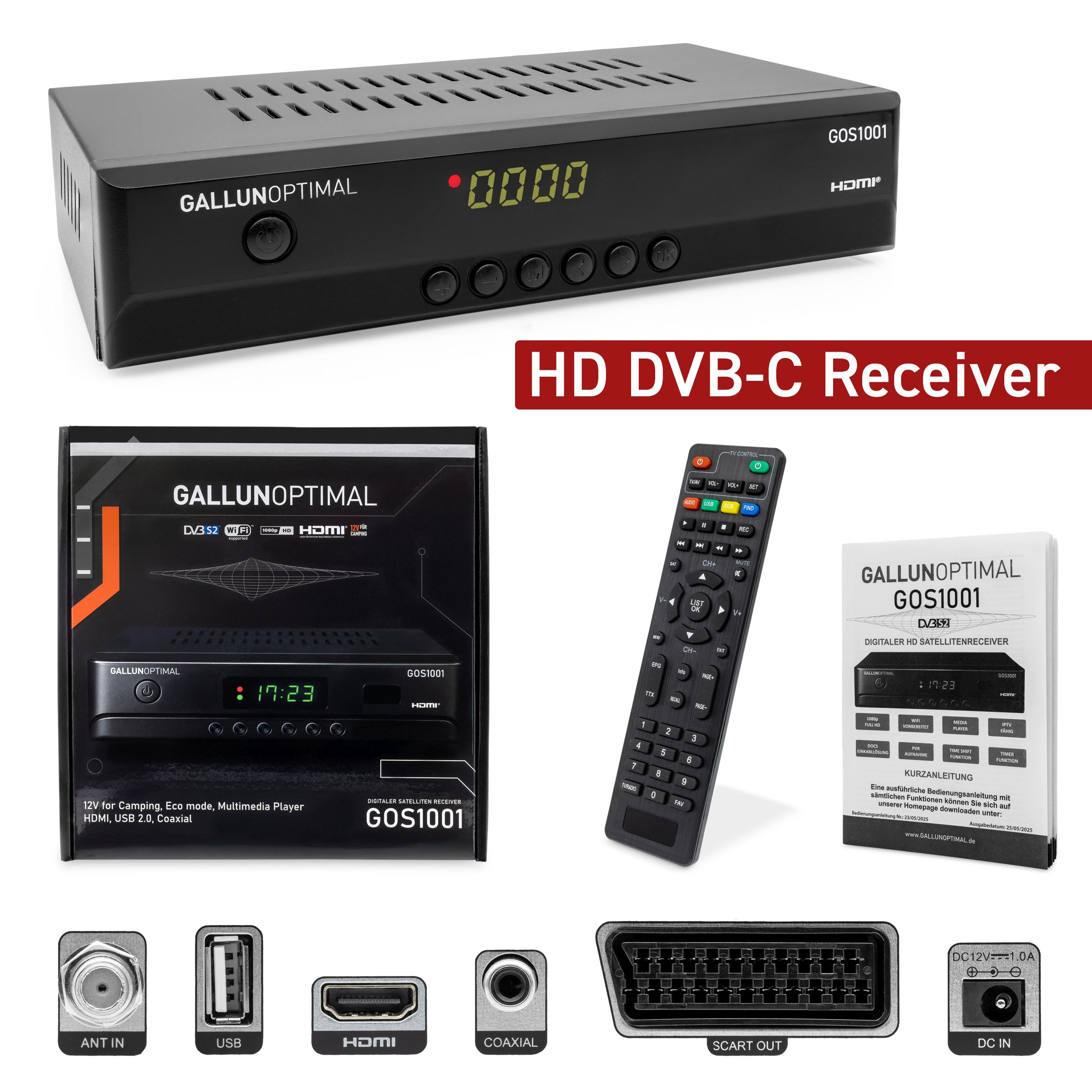 Schwarzer DVB-C-Receiver mit Display und Knöpfen, Box, Fernbedienung und Anschlüssen. Text: Gallunoptimal, GOS1001, HDMI.