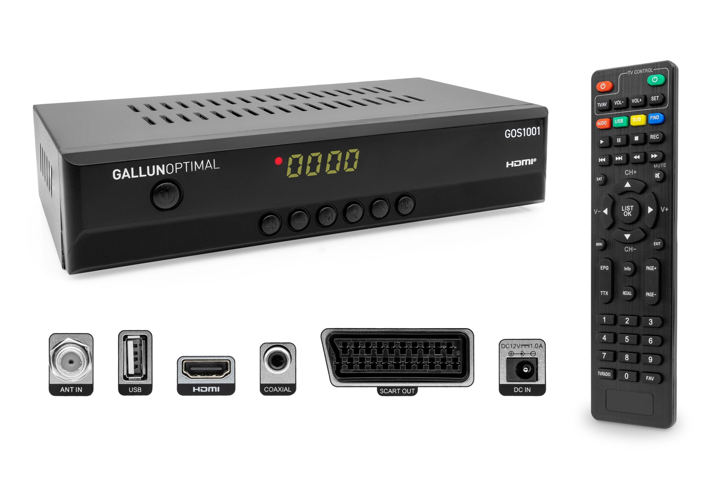 Schwarzer TV-Receiver und Fernbedienung. Anschlüsse: HDMI, USB und SCART. Anzeige zeigt '0000'.