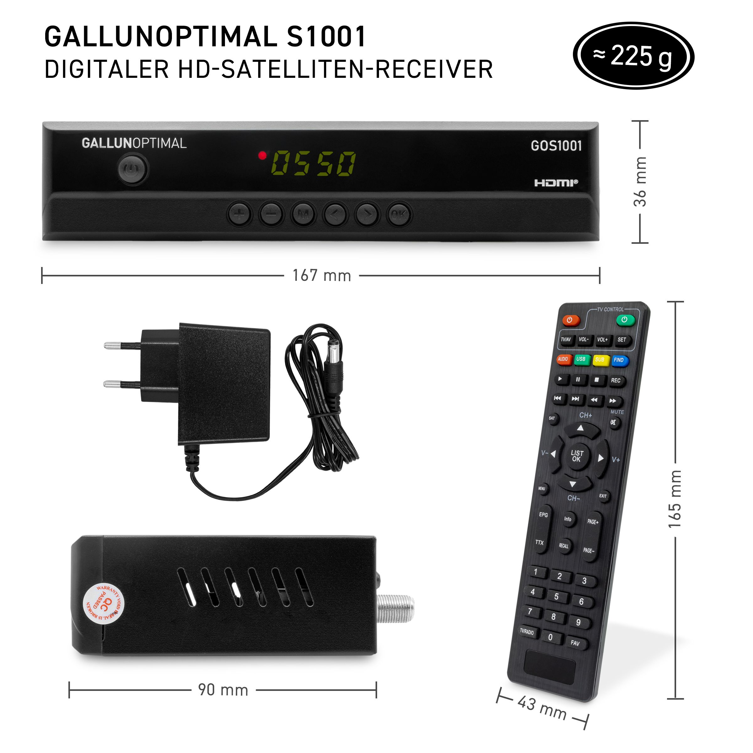 Ein schwarzer Satellitenreceiver mit Fernbedienung, Netzteil und einer kleinen schwarzen Box auf weißem Hintergrund.