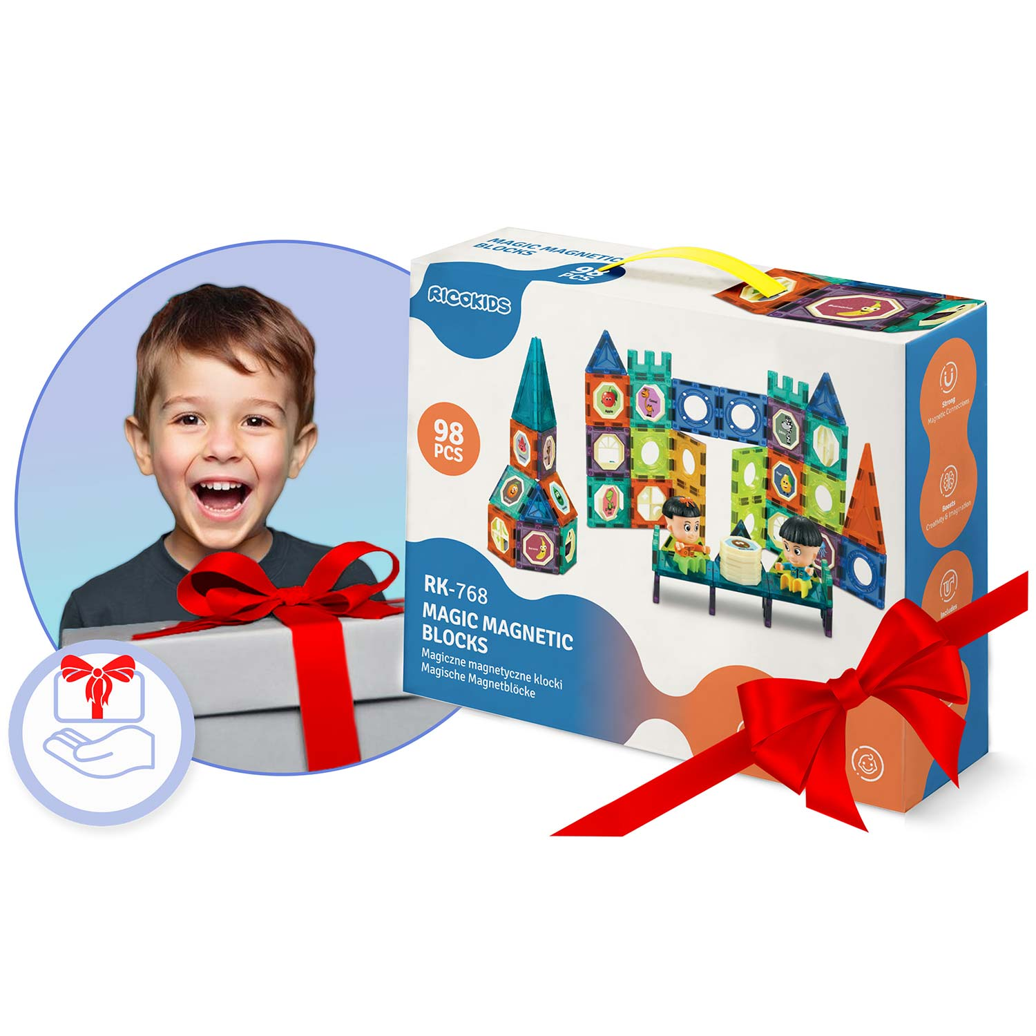 Chłopiec uśmiecha się obok pudełka z prezentem z czerwoną wstążką. Po prawej stronie pudełko z zabawkami, 'Magic Magnetic Blocks'.