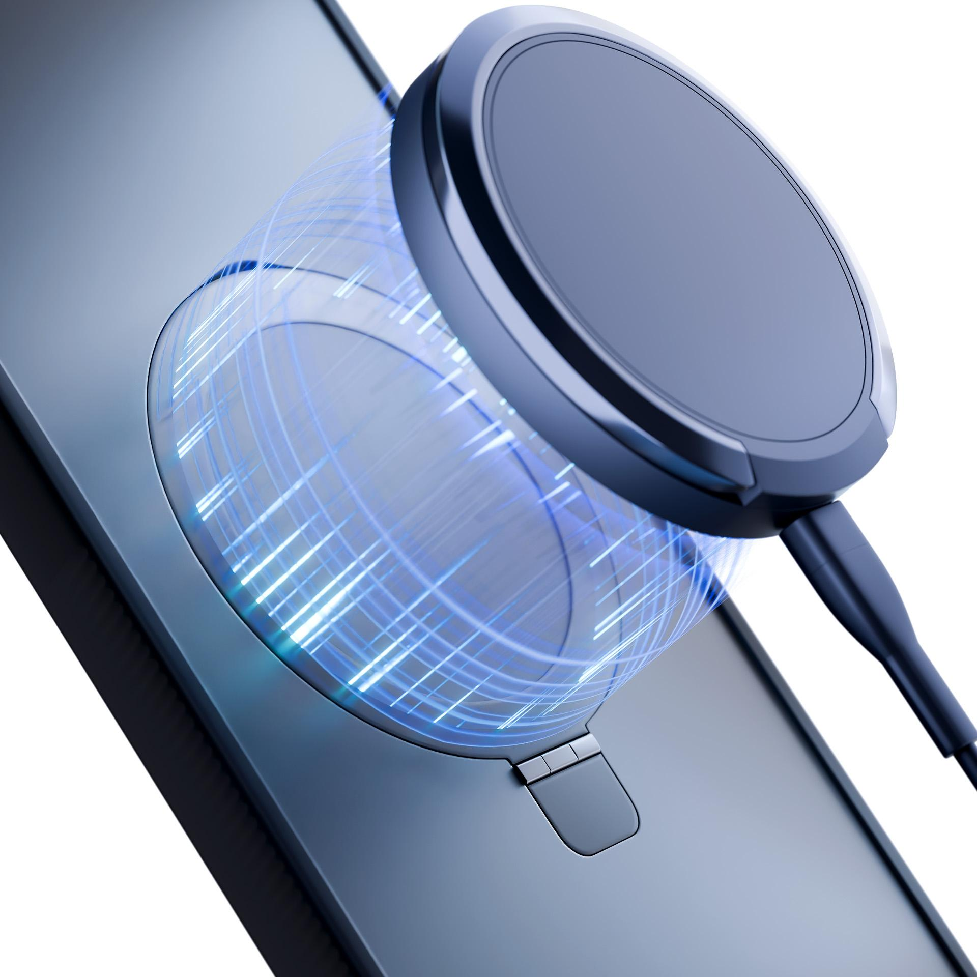 Telefon ładujący się bezprzewodowo. Okrągła ładowarka jest na telefonie. Niebieskie światło wydobywa się z wnętrza ładowarki.