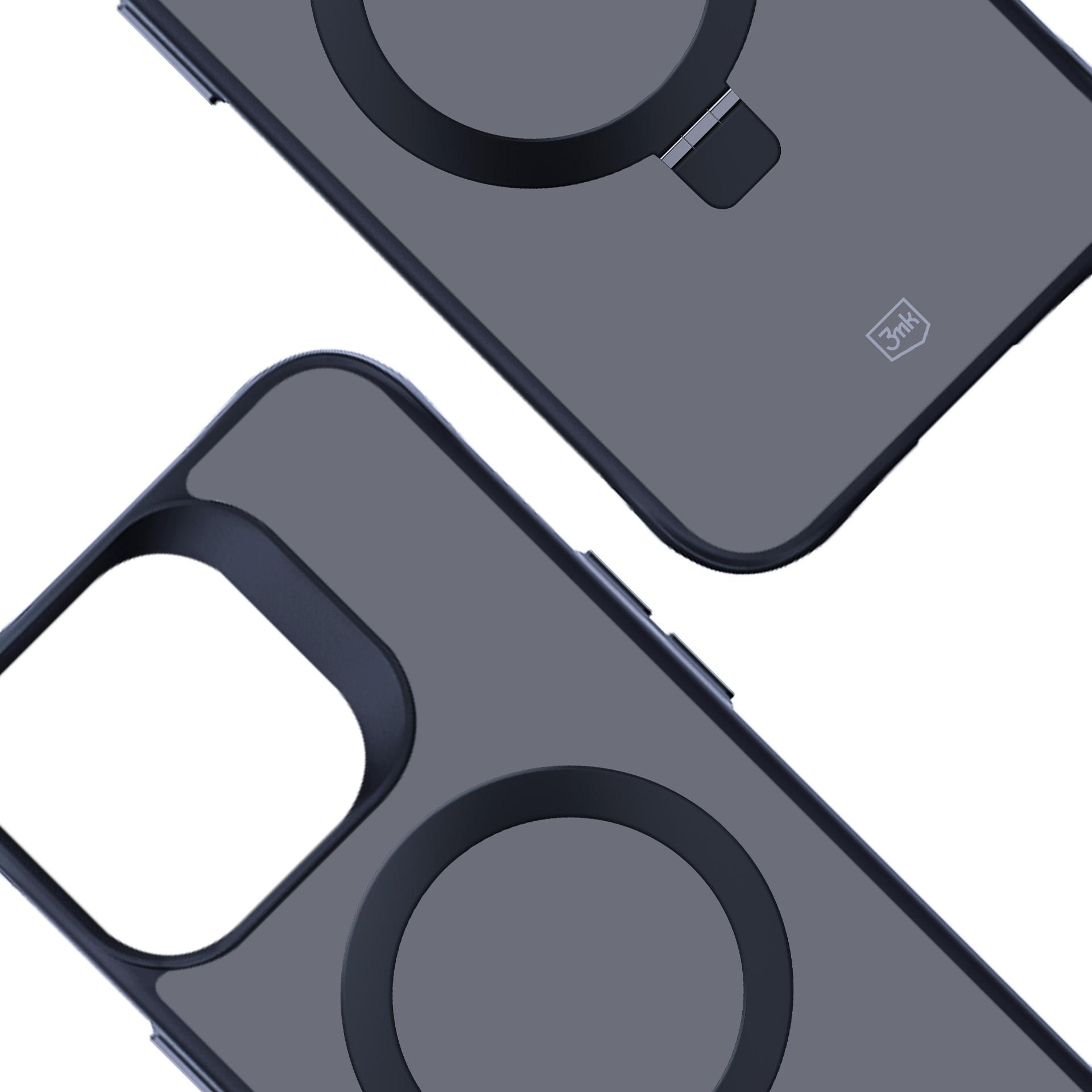 Dwa etui na telefon. Ciemnoszare etui z czarnymi okrągłymi pierścieniami magnetycznymi. Białe tło. Logo 3mk na jednym.