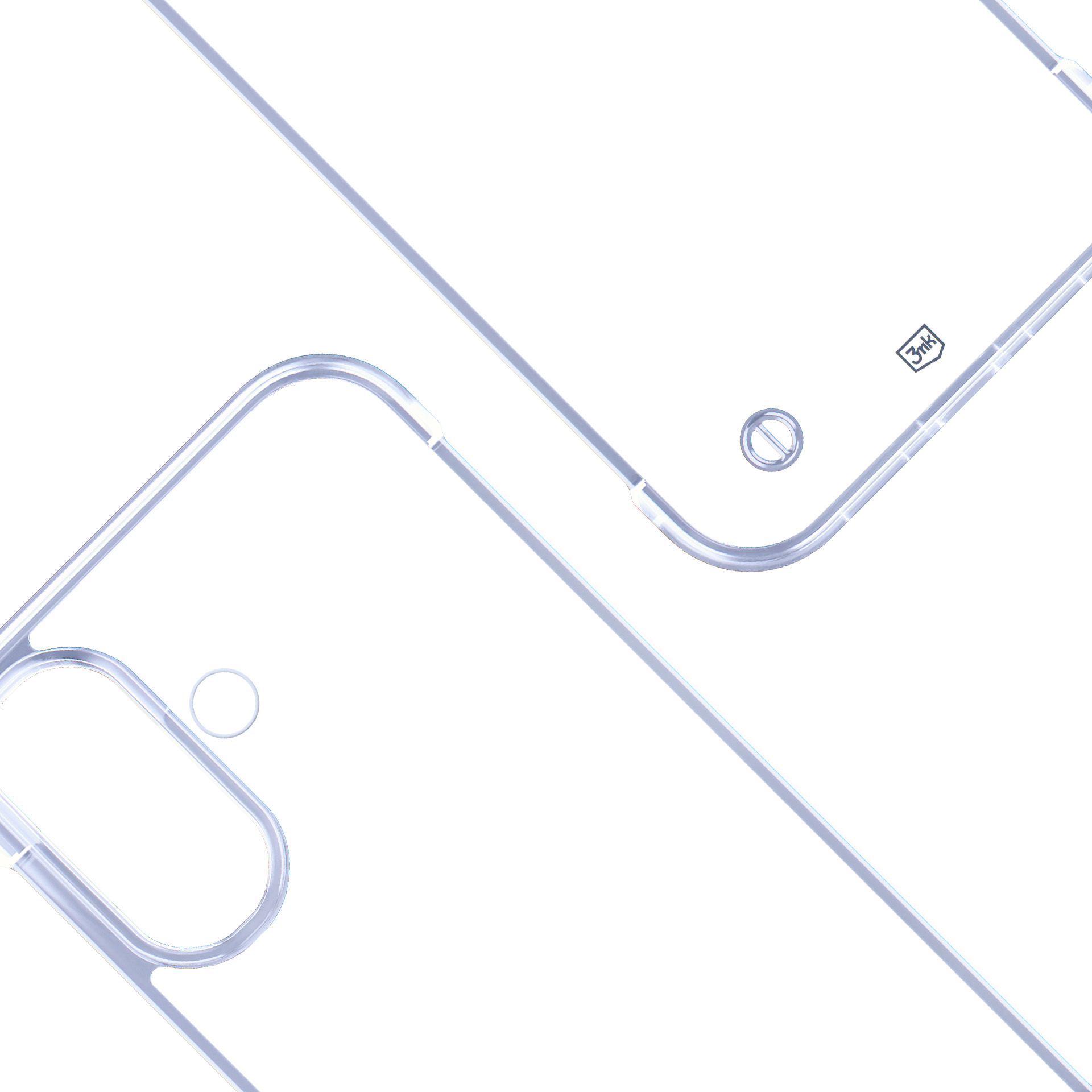 Przezroczyste, plastikowe etui na telefon, ustawione pod kątem na białym tle. Ma okrągły pierścień aparatu i małe logo.