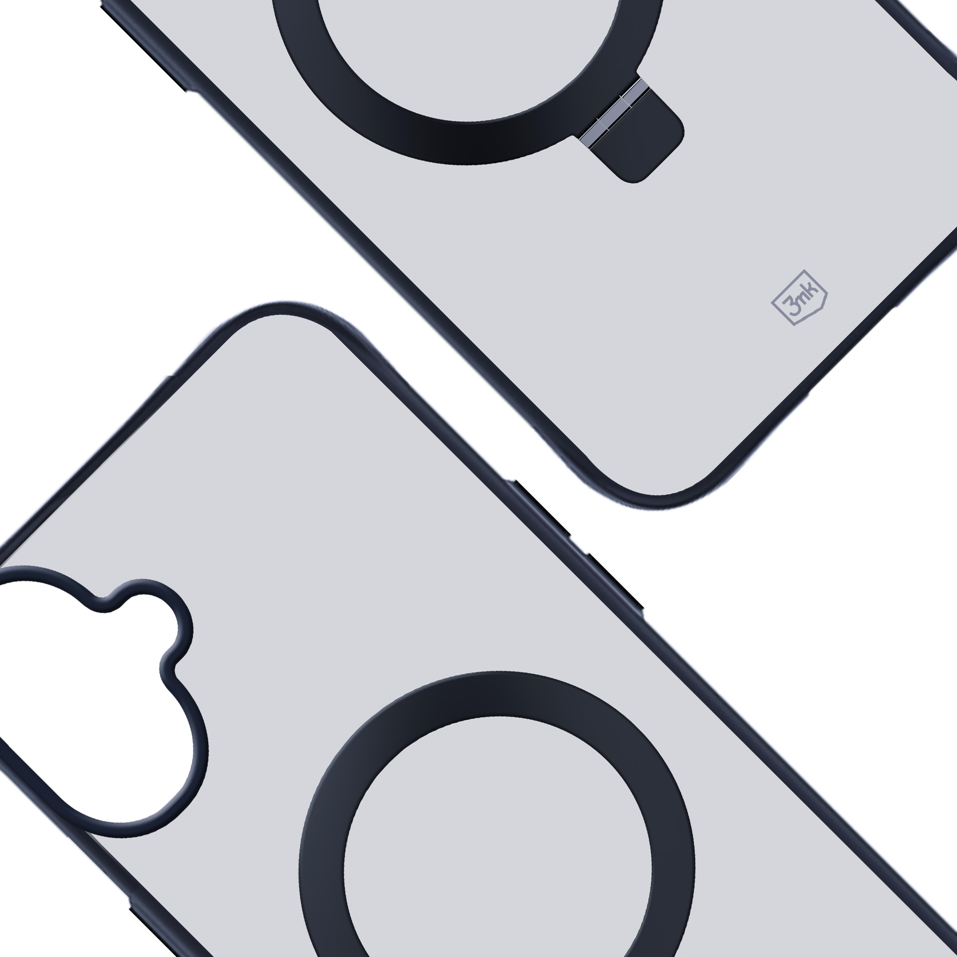 Due custodie per telefono con bordi e cerchi neri, una con logo. Sfondo grigio chiaro. Vista angolata.