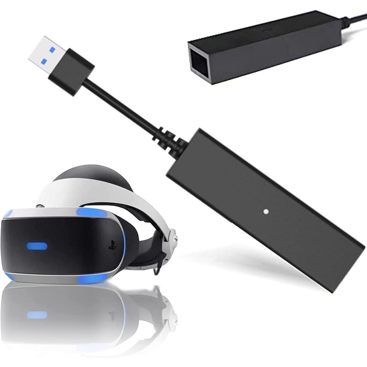 VR-Headset mit schwarz-weißem Design, verbunden mit einem schwarzen Adapter über ein USB-Kabel. Ein weiterer Adapter ist ebenfalls vorhanden.