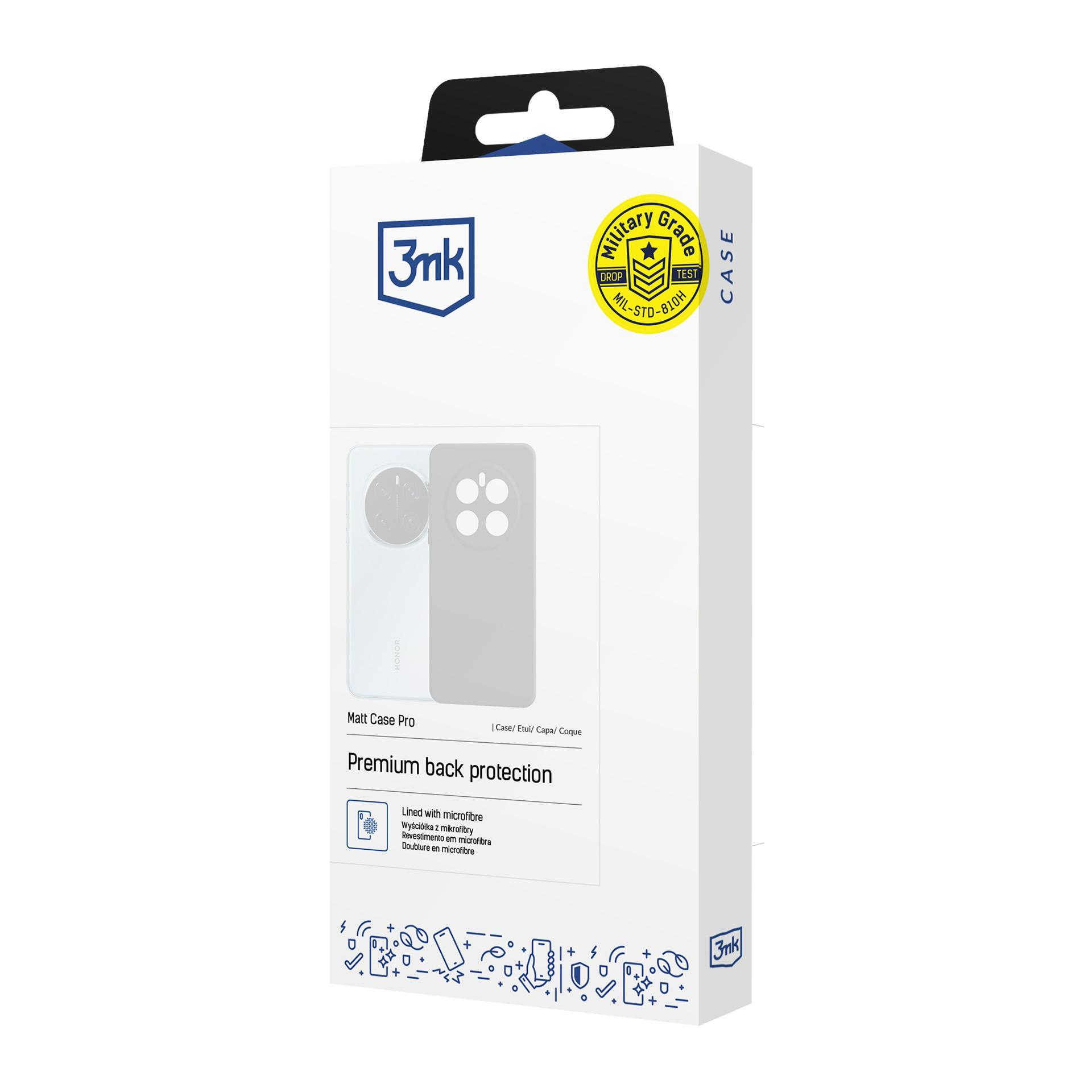 Białe pudełko na etui na telefon z obrazem telefonu, z logo 'Military Grade' i '3mk'. Tekst brzmi: 'Ochrona pleców premium'.