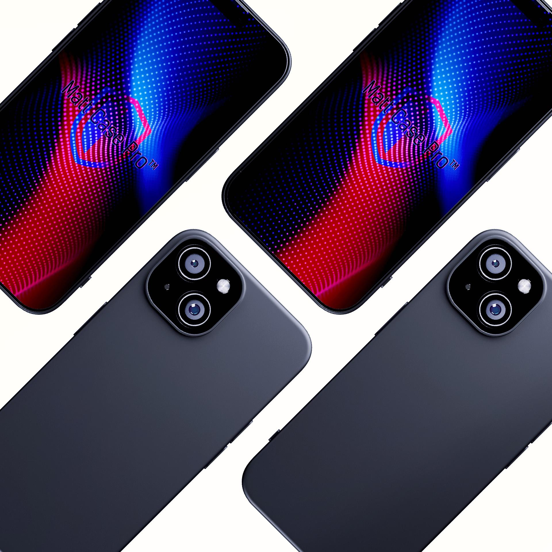 Cztery smartfony z ciemnoniebieskim tyłem. Ekrany wyświetlają wzór w kropki z czerwonymi i niebieskimi kolorami. Marka to Matt Case Pro.