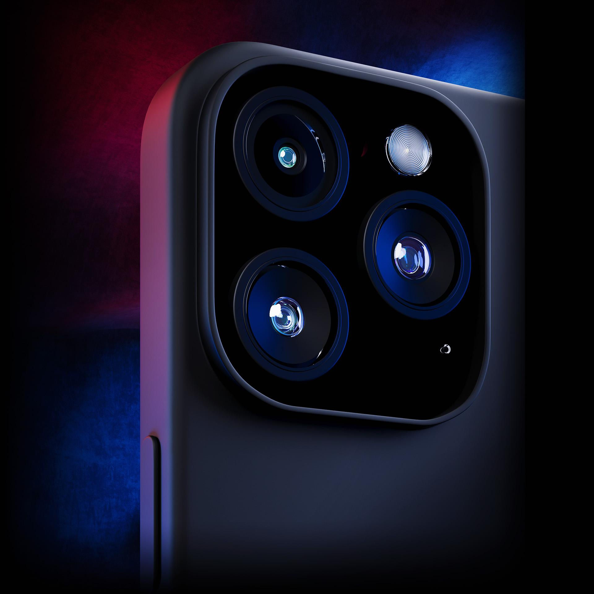 Zbliżenie modułu aparatu w smartfonie z trzema obiektywami i lampą błyskową. Ciemnoniebieskie i czerwone tło gradientowe.
