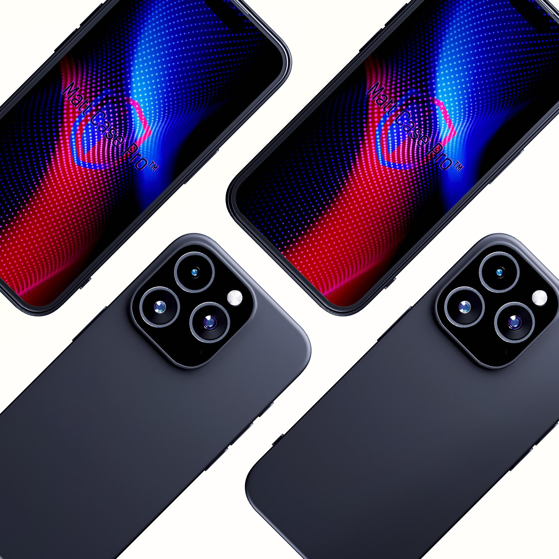Cztery smartfony z etui. Każdy telefon wyświetla niebieski i czerwony wzór w kropki z tekstem 'Matt Case Pro'.