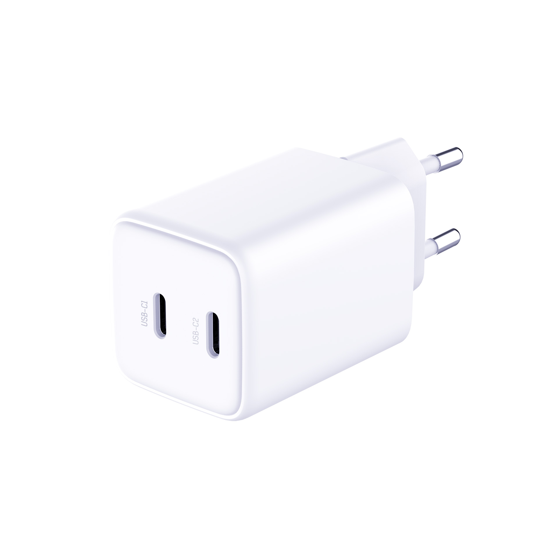 Un adattatore di alimentazione bianco con due porte USB-C e due spine. L'adattatore è su sfondo bianco.