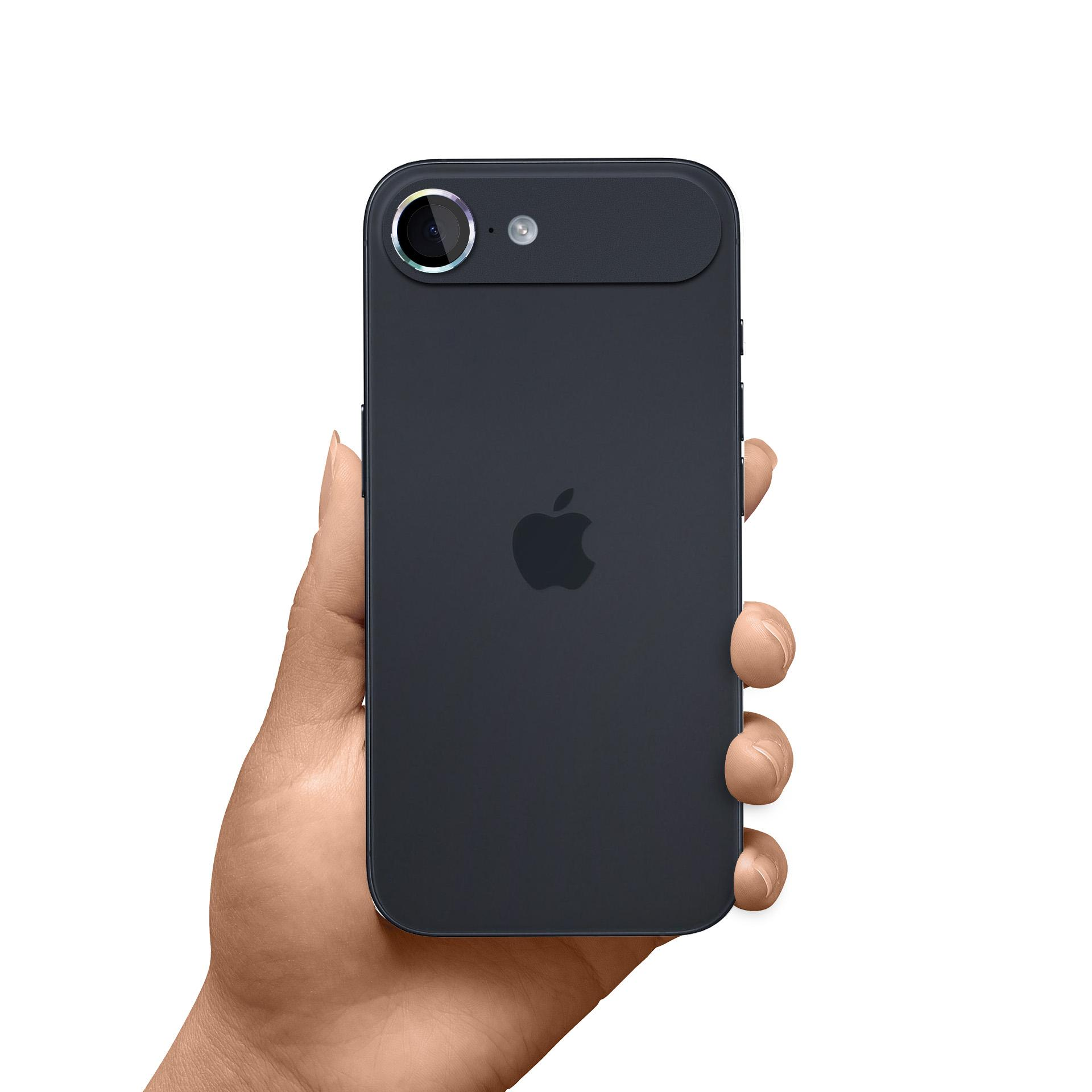 Un iPhone blu scuro tenuto in mano. Il telefono ha una fotocamera, un logo Apple e sfondo bianco.