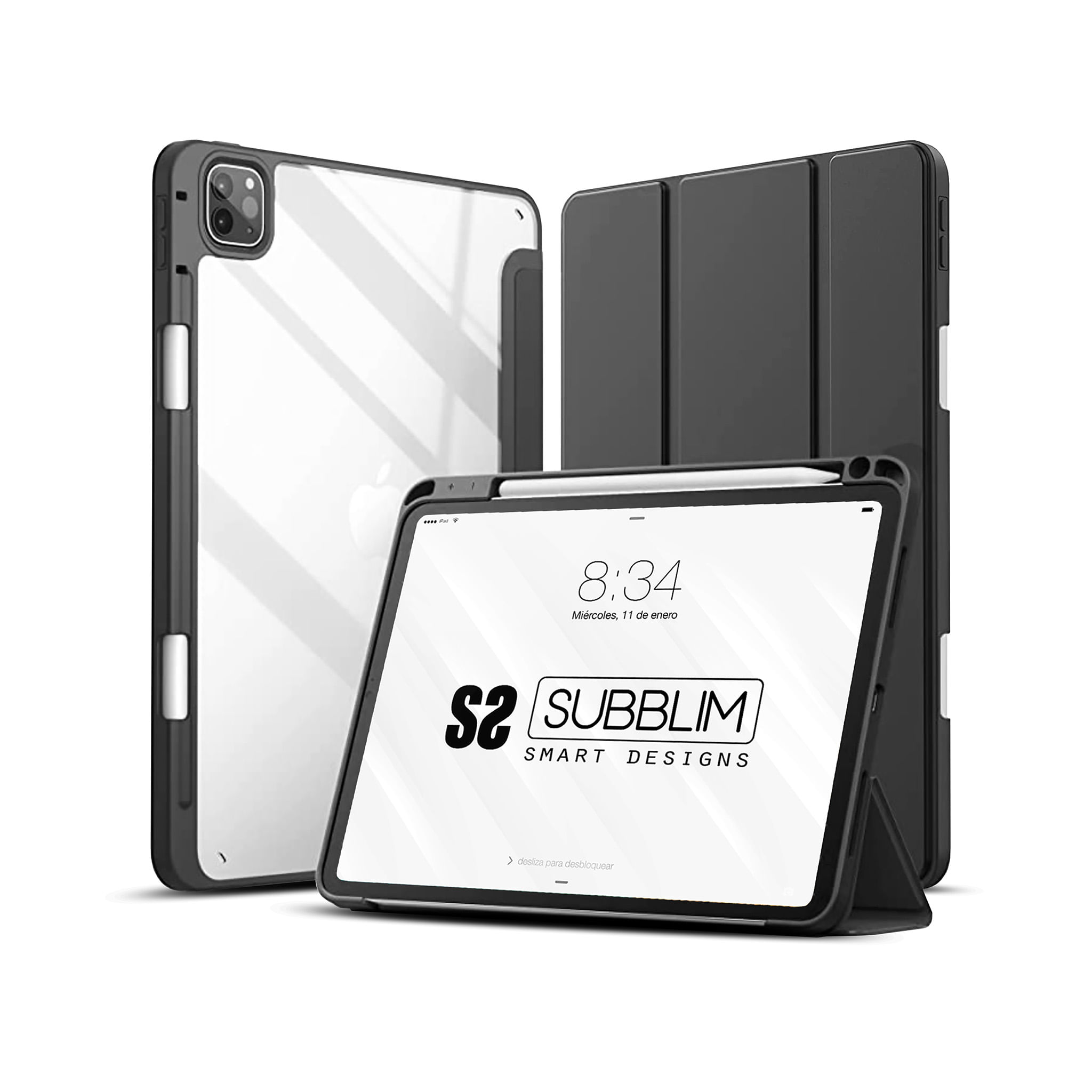 Un iPad en una funda negra con una cubierta abierta, dos fundas más y una pantalla que muestra la hora y la marca S2 Subblim.