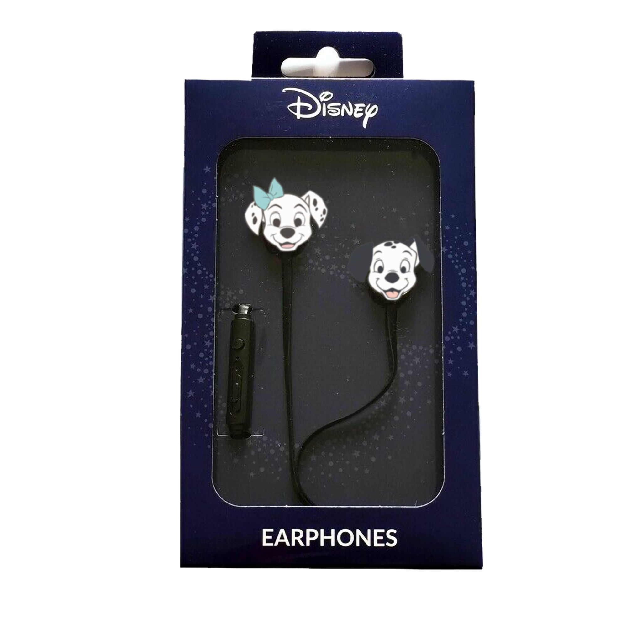 Słuchawki w granatowym pudełku z wzorami dalmatyńczyków. Na pudełku napis 'Disney' i 'EARPHONES'.