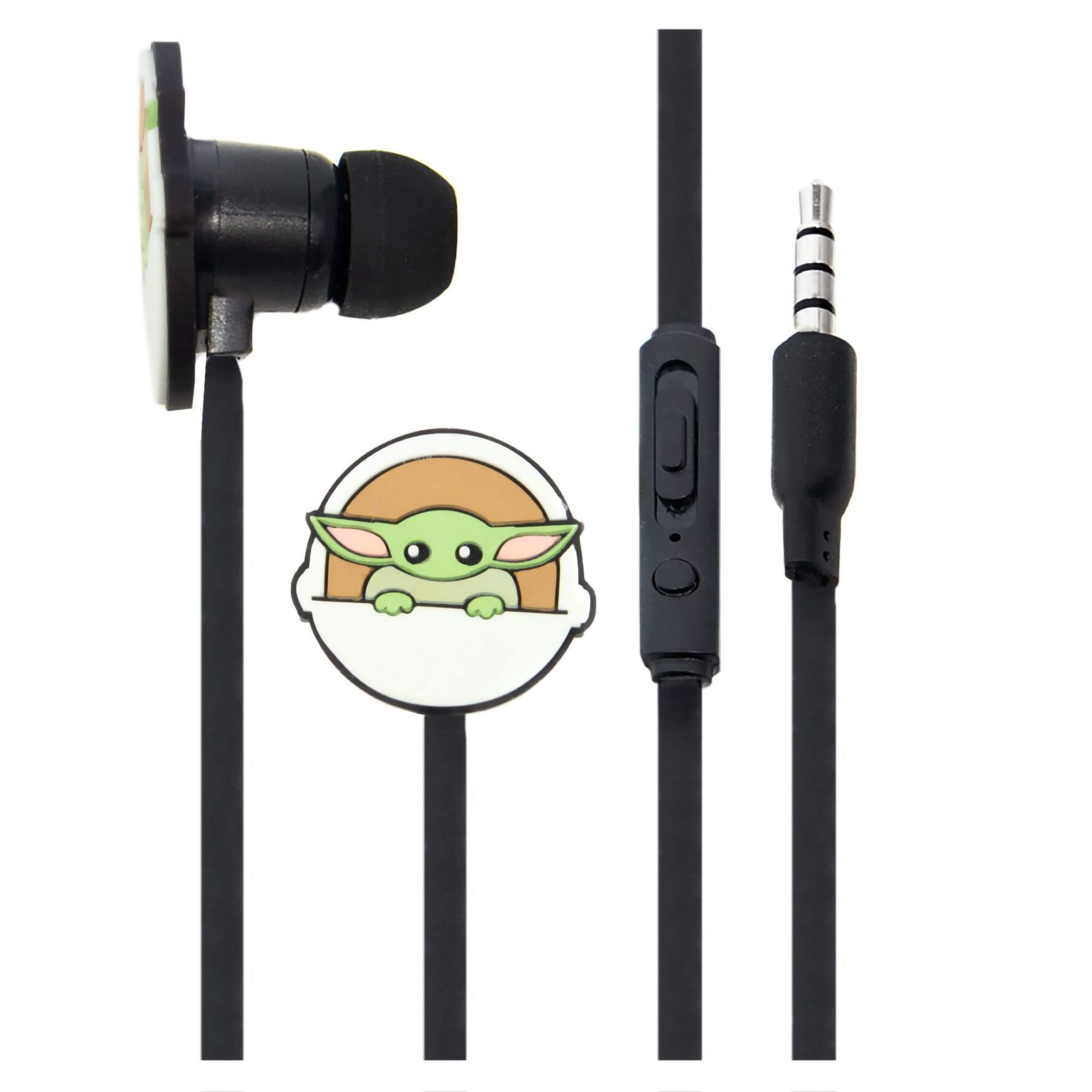 Auricolari con design di Baby Yoda. Cavi neri, auricolare e controllo in linea. Il jack è argento.