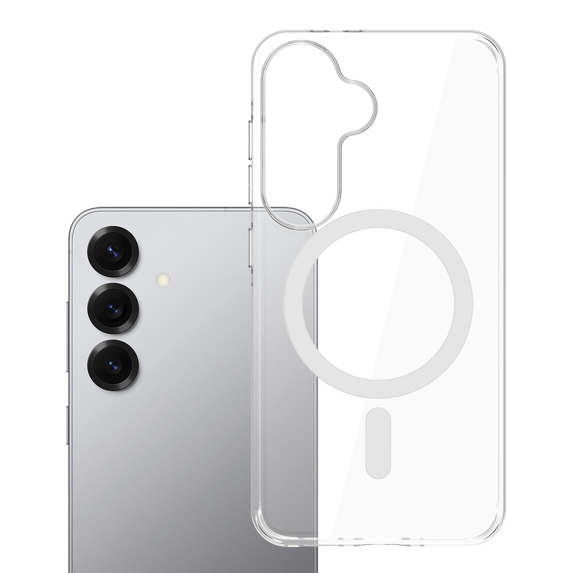 Srebrny smartfon z trzema obiektywami obok przezroczystego etui na telefon.
