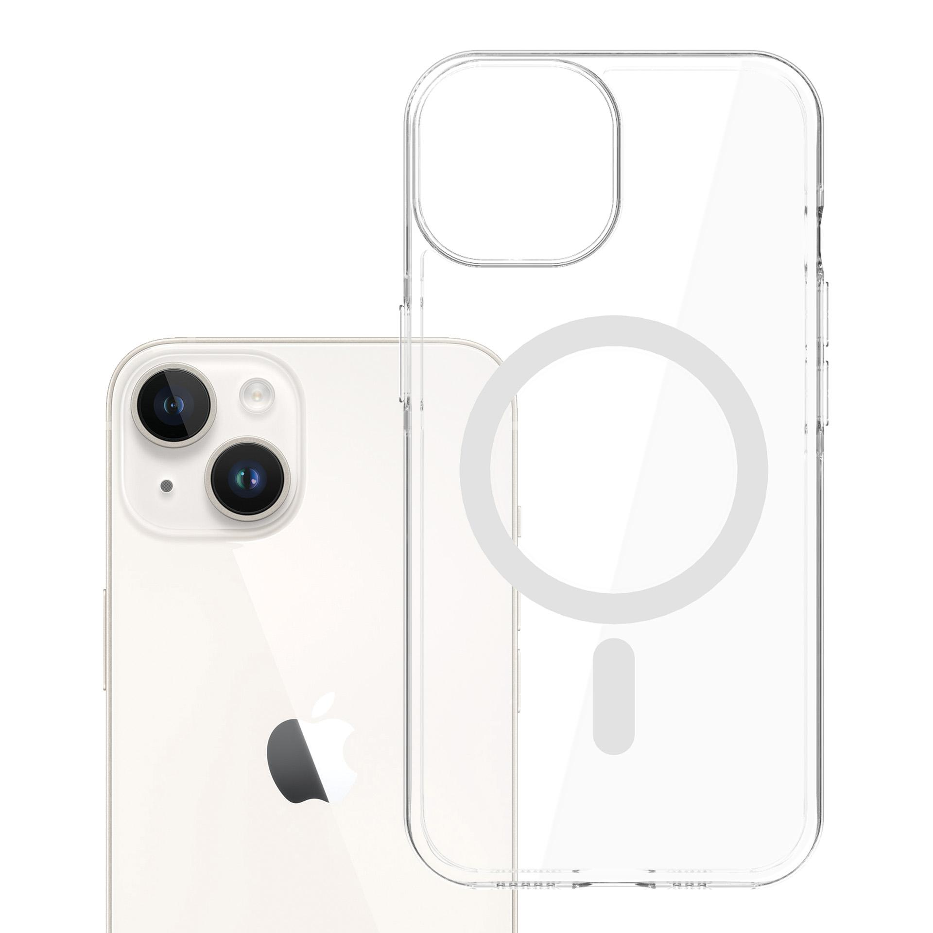 iPhone i przezroczyste etui. Telefon jest biały, z dwoma aparatami. Etui jest przezroczyste i ma magnetyczne koło.