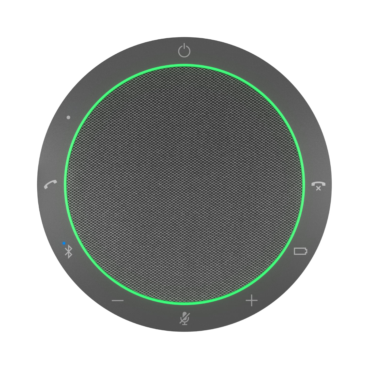 Un altoparlante rotondo e grigio con accenti verdi e icone di funzione come accensione, chiamata, Bluetooth, volume e muto. L'altoparlante ha un centro a rete.