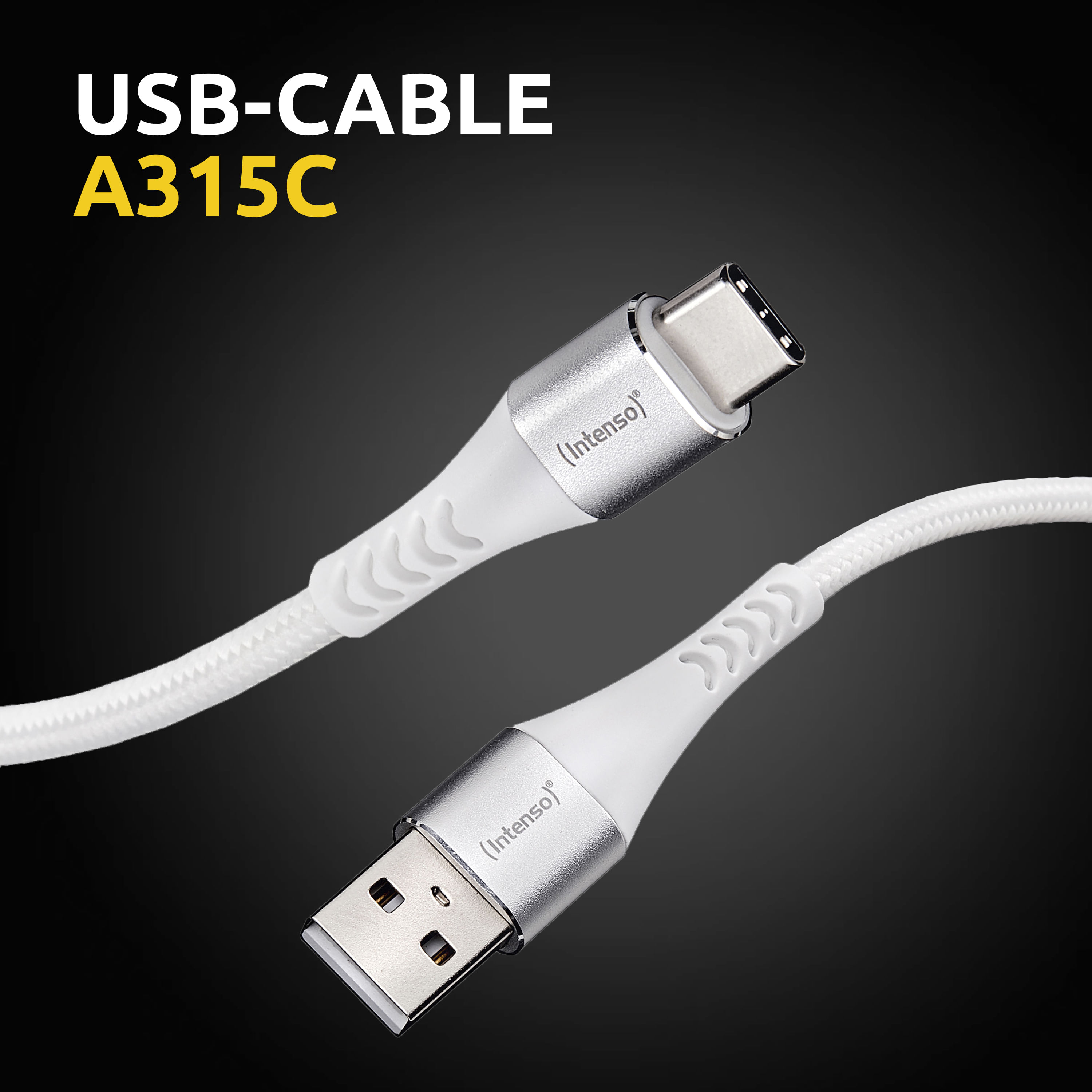 Un câble USB-C blanc avec connecteurs argentés, marque 'Intenso', sur fond noir dégradé. Texte : 'USB-CABLE A315C'.