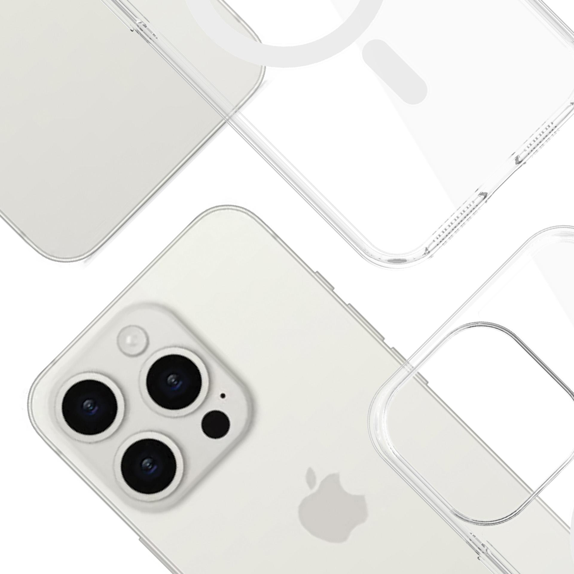 Częściowo widoczny biały iPhone z trzema aparatami. Przezroczyste etui na telefon są nałożone.