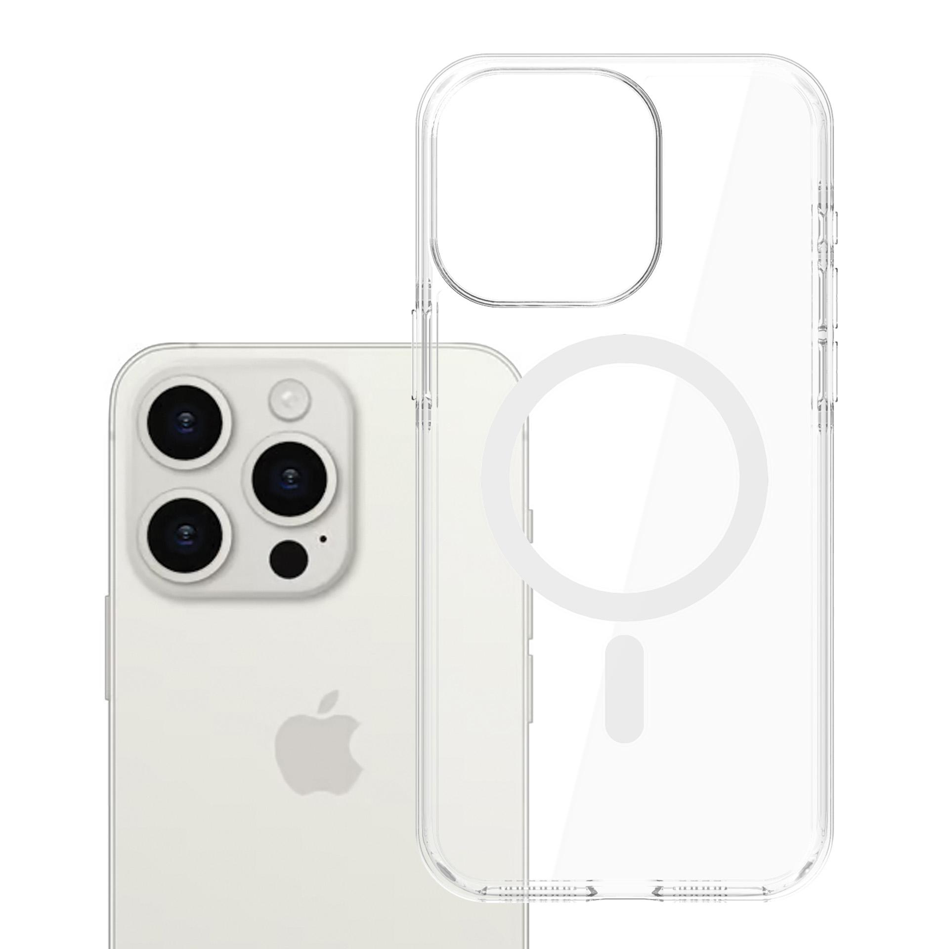 iPhone z przezroczystym etui. Telefon ma aparat z czterema obiektywami. Etui ma pierścień MagSafe.