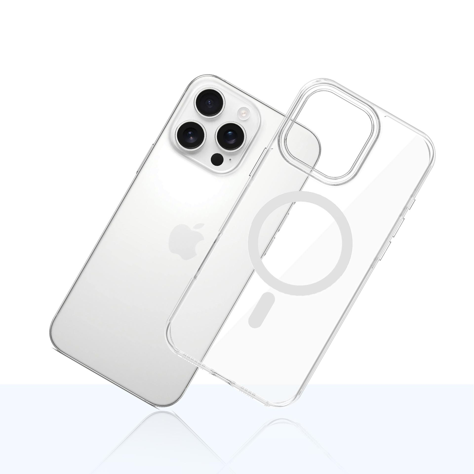 Biały iPhone z przezroczystym etui. Etui jest z boku, a telefon pod kątem. Białe tło.