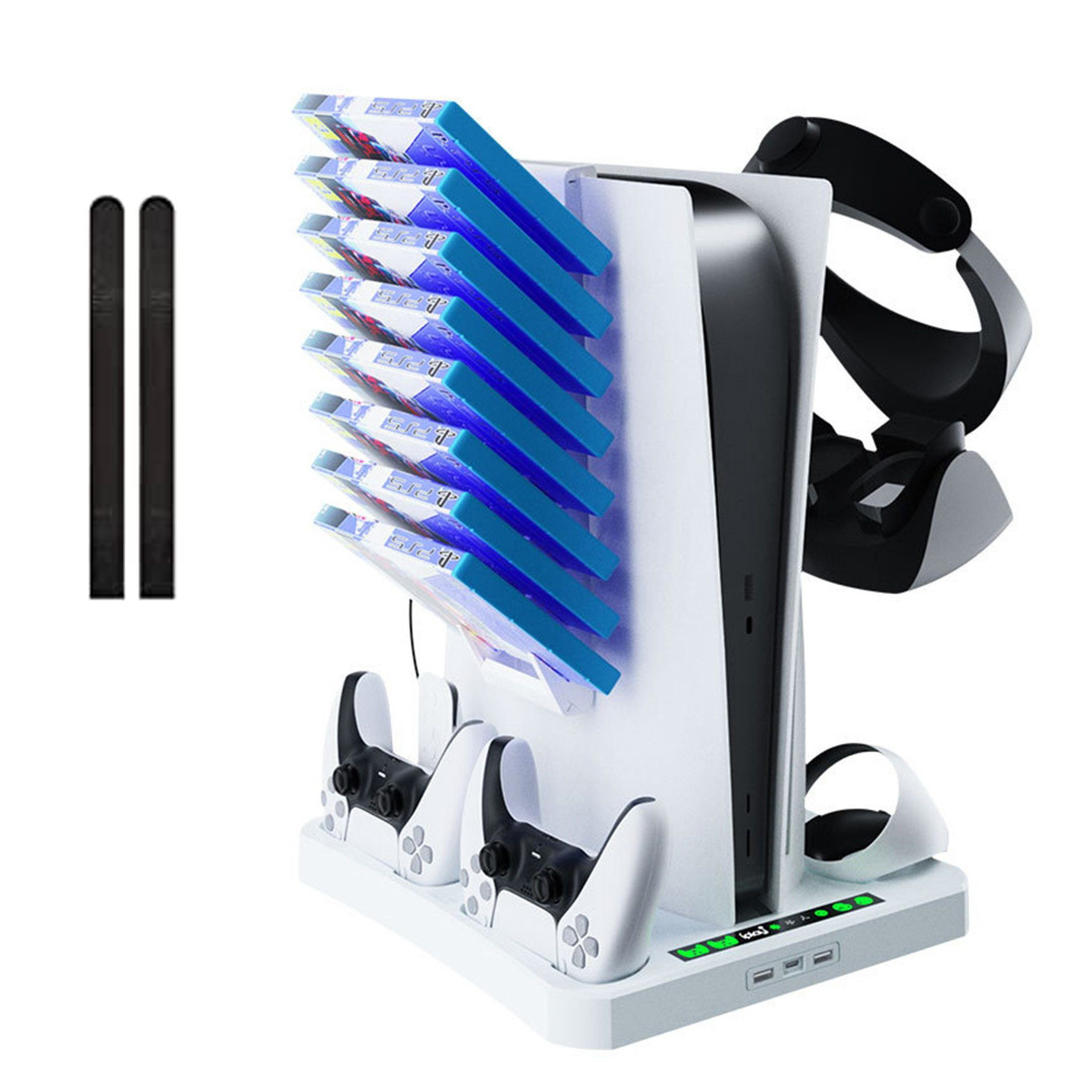 Ein weißer und schwarzer Spielekonsolenständer mit mehreren Spiel-Disc-Steckplätzen, Controller-Ladegeräten und einem VR-Headset-Halter.