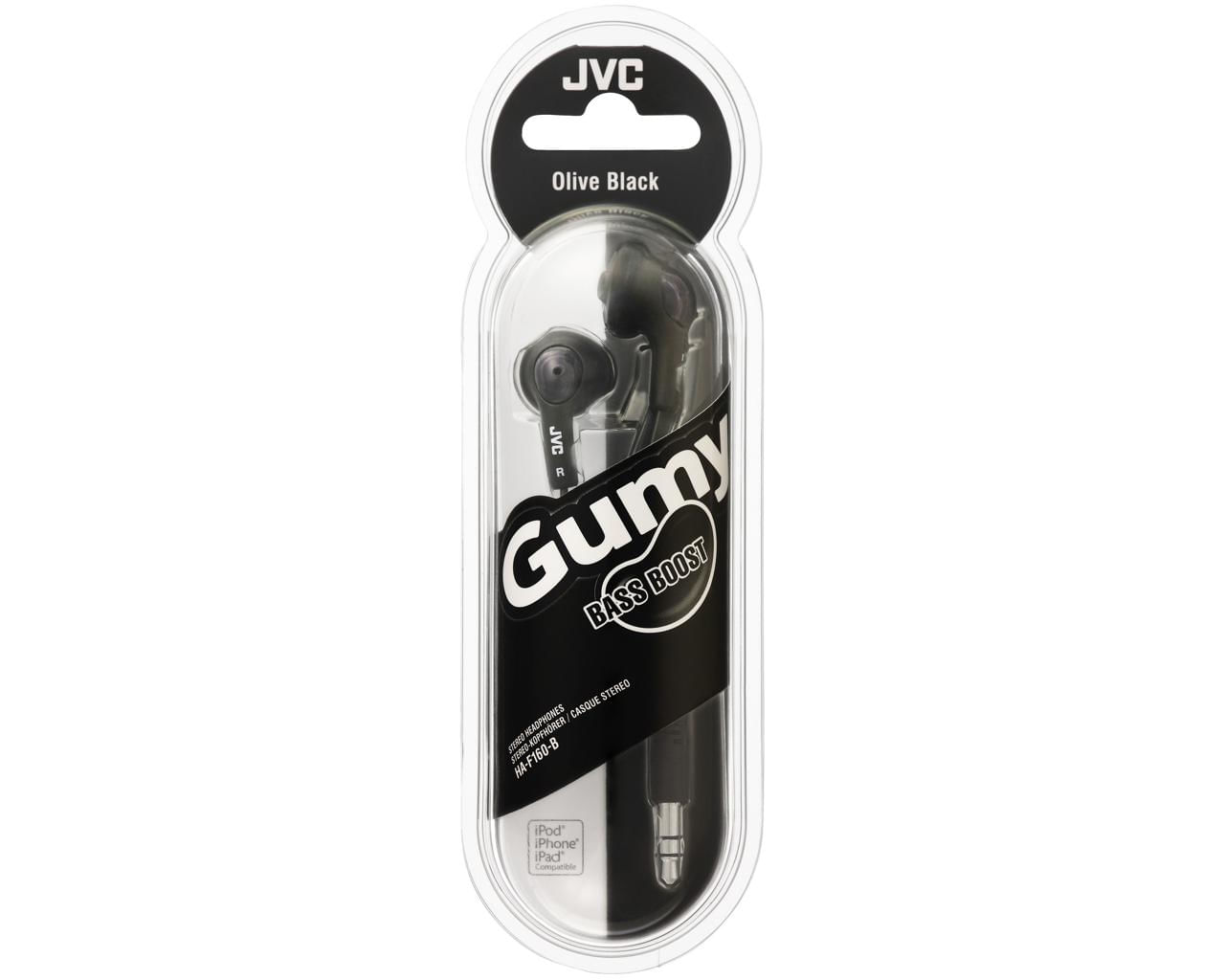 Confezione di auricolari JVC Gumy Olive Black. La confezione è principalmente in bianco e nero. Gli auricolari sono esposti all'interno.