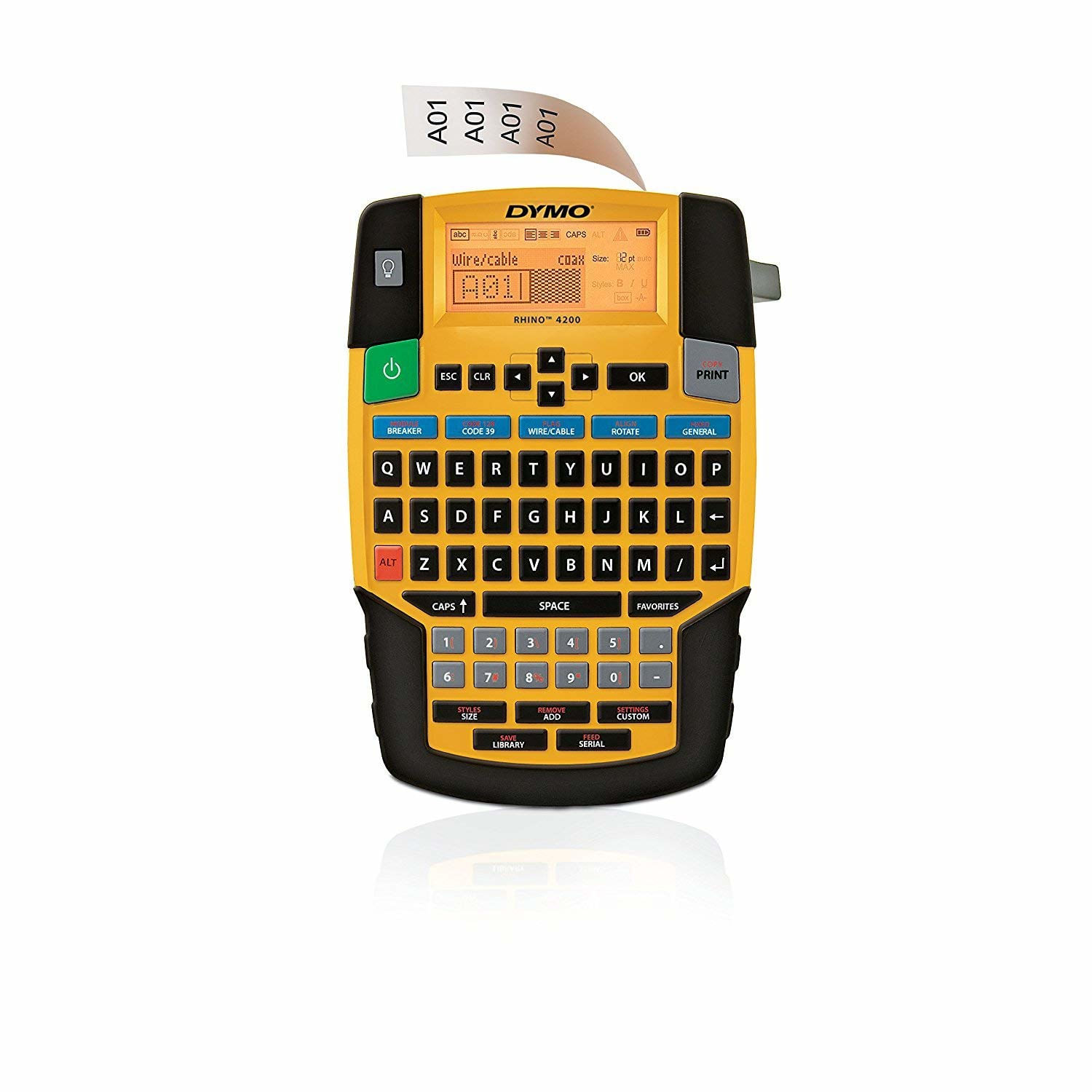 Un'etichettatrice Dymo Rhino 4200 gialla e nera con etichetta A01. La tastiera è visibile.