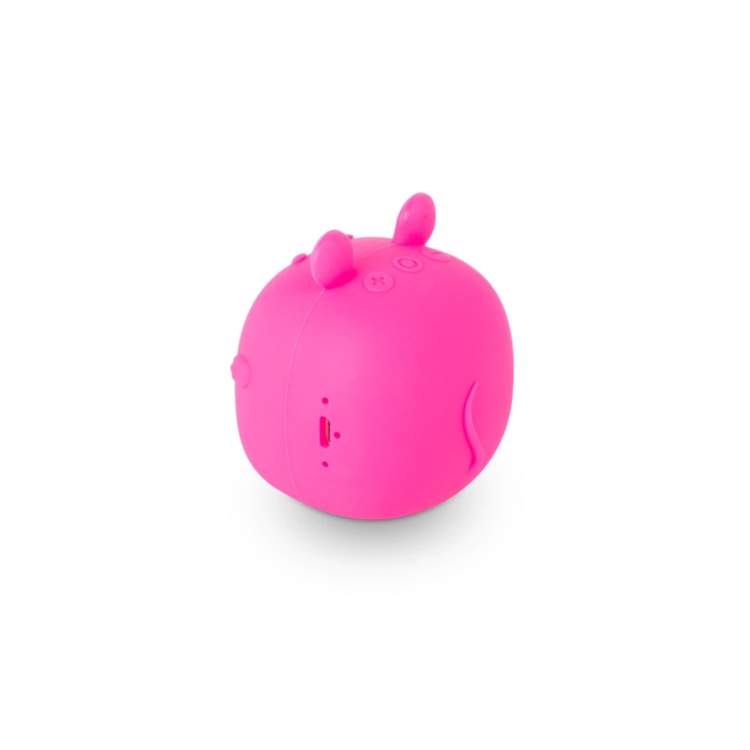 Un dispositivo rosa y esférico que se asemeja a un personaje de dibujos animados, con dos orejas, botones y un puerto de carga, sobre un fondo blanco.