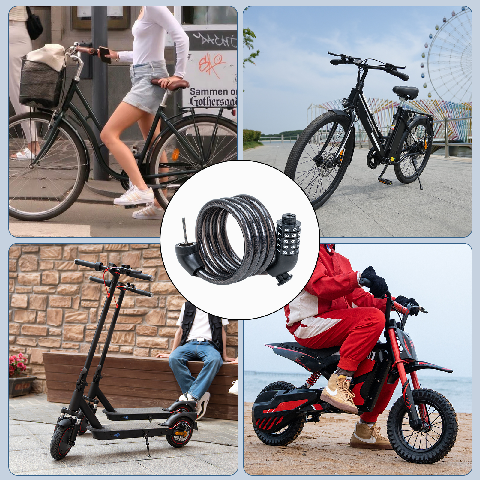 Das Bild zeigt ein Fahrradschloss, ein Fahrrad, einen Roller, eine Person, die Motorrad fährt, und eine Person, die Fahrrad fährt.