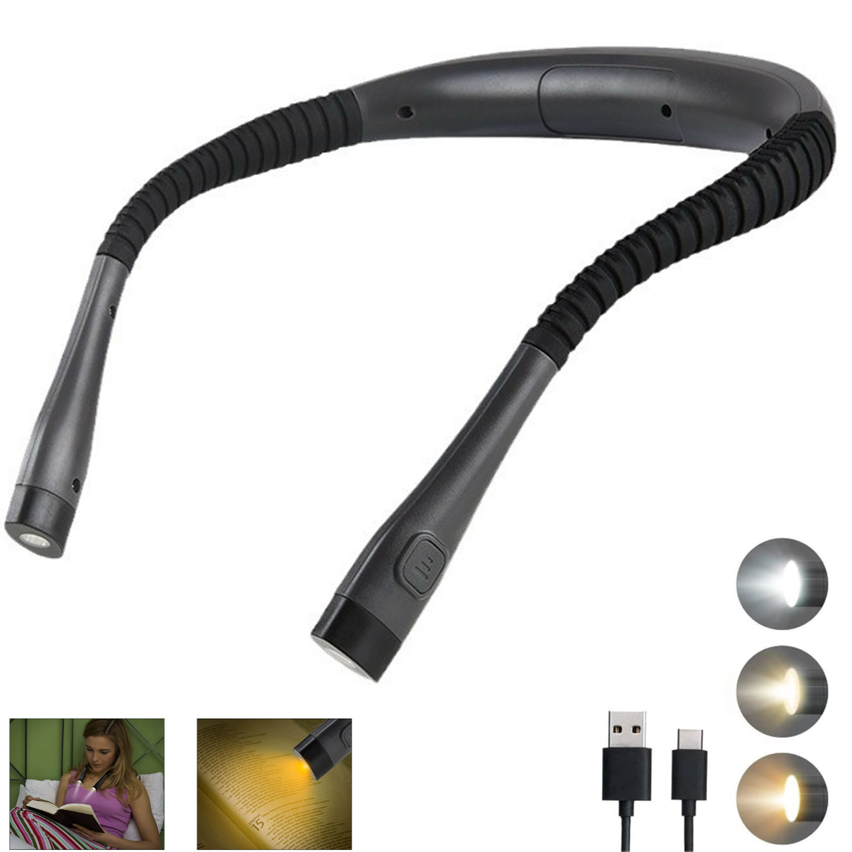 Eine flexible Nackenleselampe, dunkelgrau, mit zwei Lichtern. USB- und USB-C-Kabel und Lichtfarboptionen werden ebenfalls angezeigt.