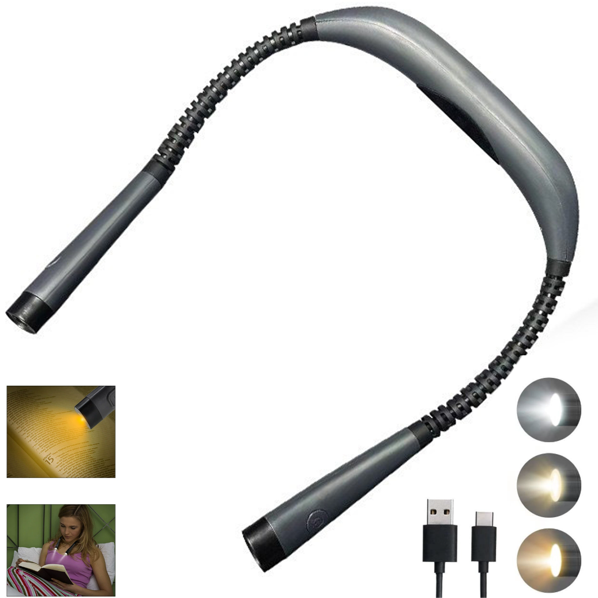 Eine graue Nackenleselampe. Enthält USB- und USB-C-Kabel und drei Lichteinstellungen. Zeigt eine Frau beim Lesen mit dem Licht.