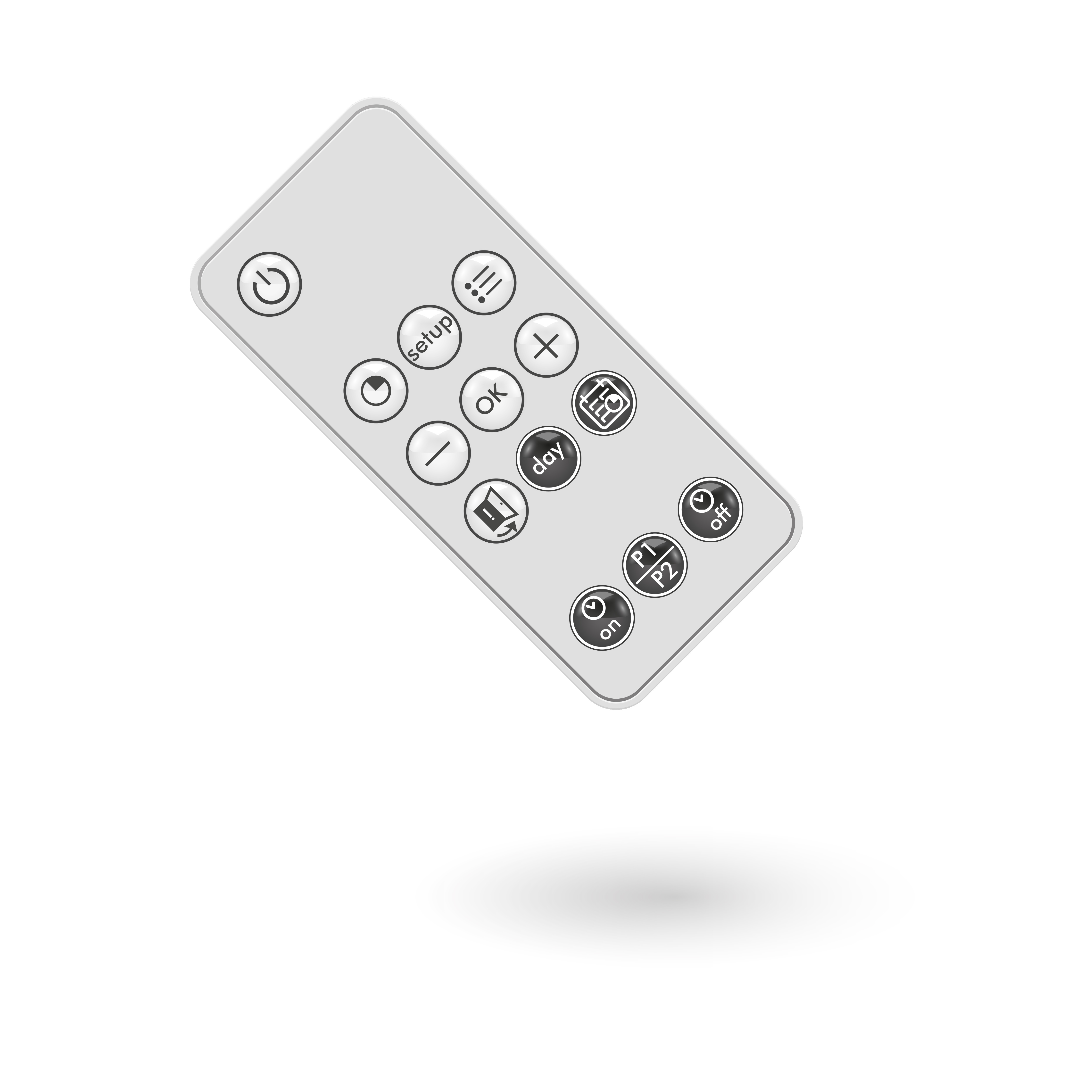 Een grijze afstandsbediening met knoppen voor stroom, setup, volume en tijd. Geïsoleerd op witte achtergrond.