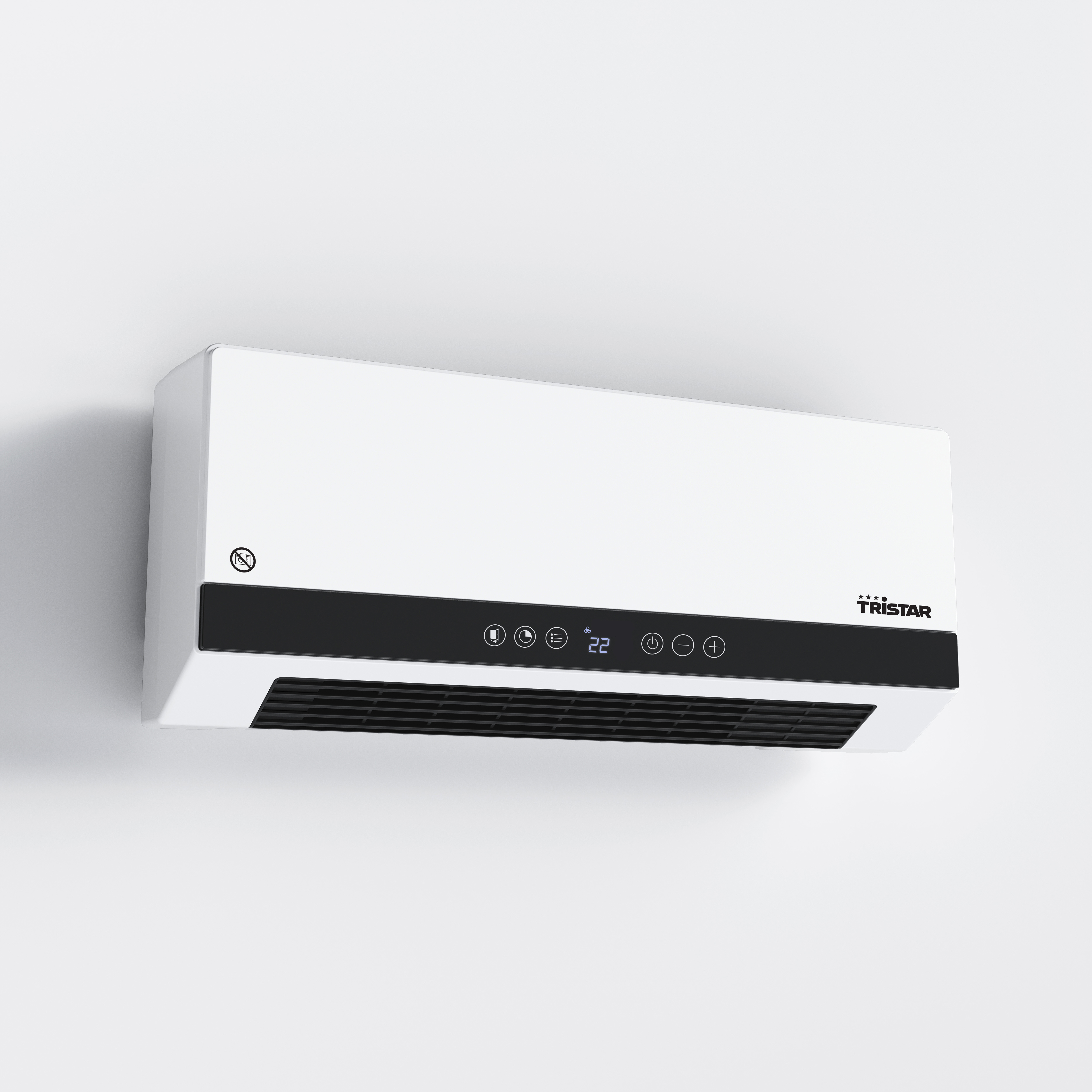 Een witte Tristar-kachel is op een witte muur gemonteerd. Het heeft een zwart bedieningspaneel en ventilatie.