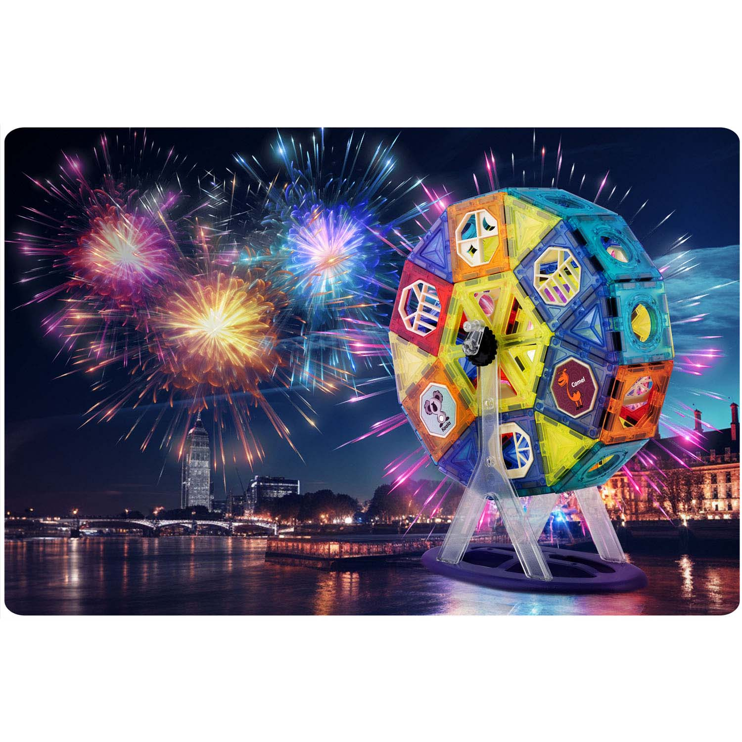 Kolorowa, geometryczna zabawka w postaci diabelskiego młyna na tle nocnego nieba z fajerwerkami nad miastem z rzeką.