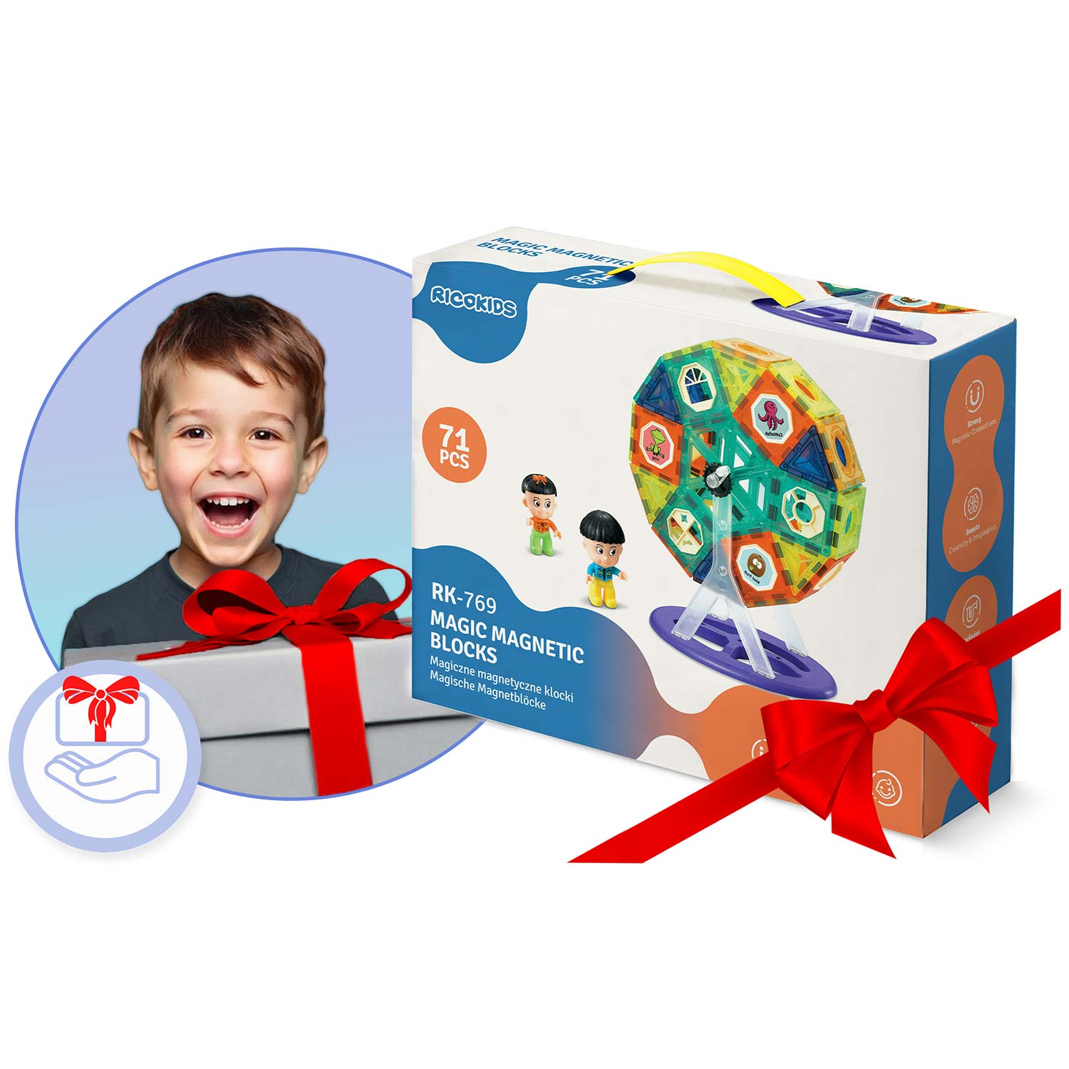 Chłopiec uśmiecha się obok prezentu i pudełka z magnetycznymi klockami. Pudełko przedstawia strukturę magnetycznych klocków i dwie figurki.