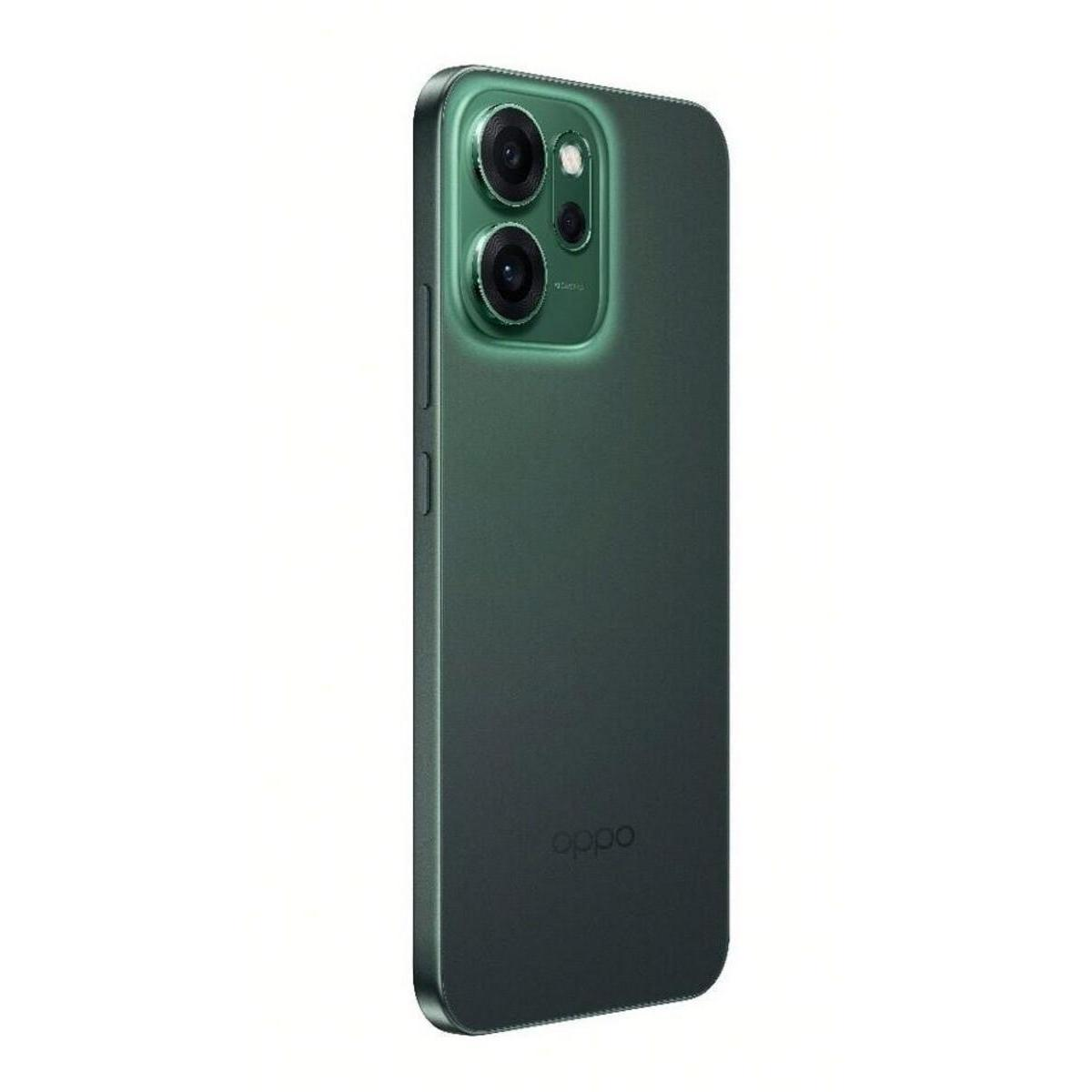 Ein grünes Oppo-Telefon wird gezeigt. Es hat ein Kameramodul mit drei Linsen und das Oppo-Logo unten.