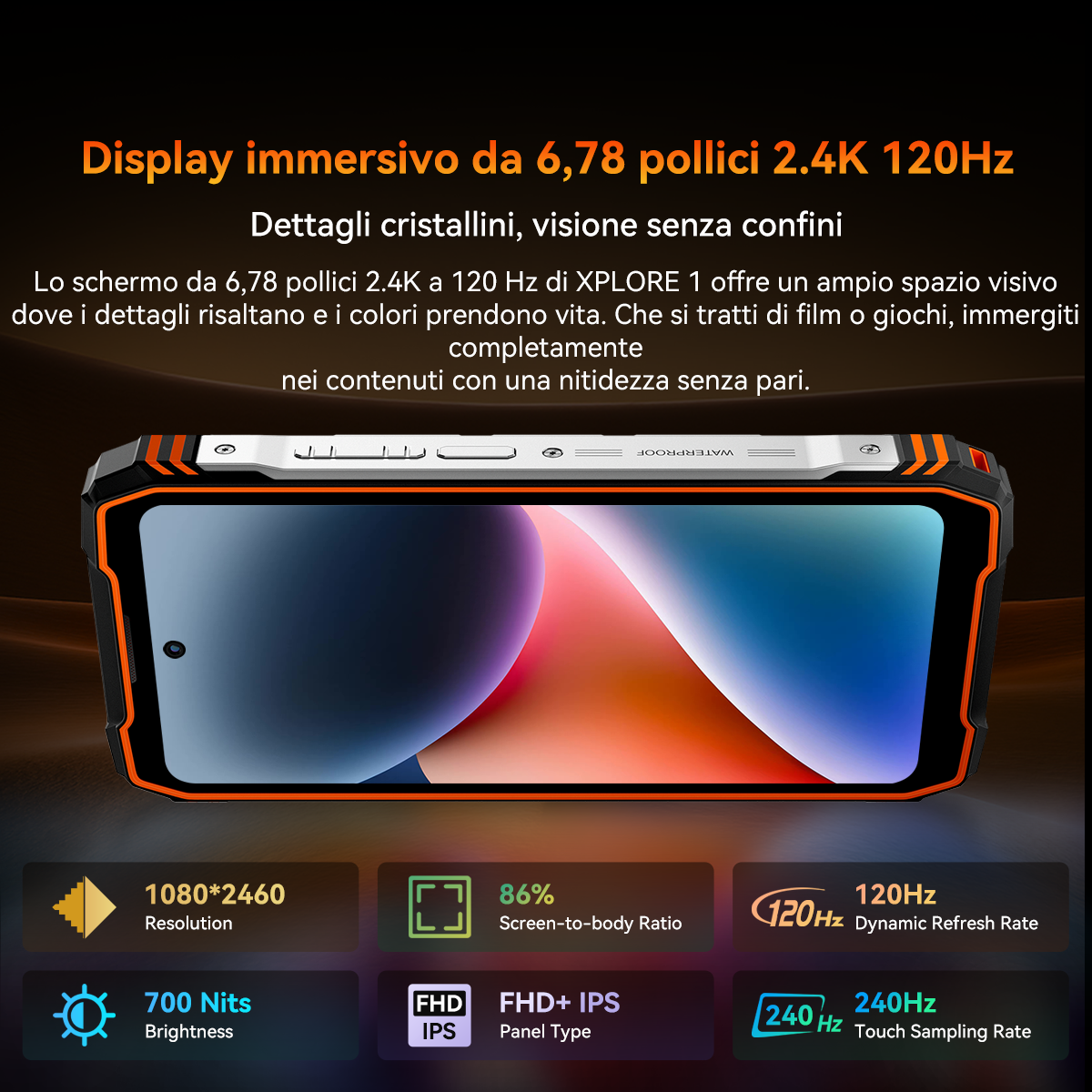 Uno smartphone robusto con un ampio schermo, che mostra specifiche e funzionalità su uno sfondo nero e arancione.