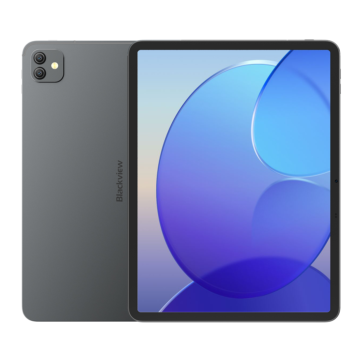 Een grijze Blackview tablet wordt getoond. Het scherm toont blauwe en paarse vormen. De achterkant heeft twee camera's.