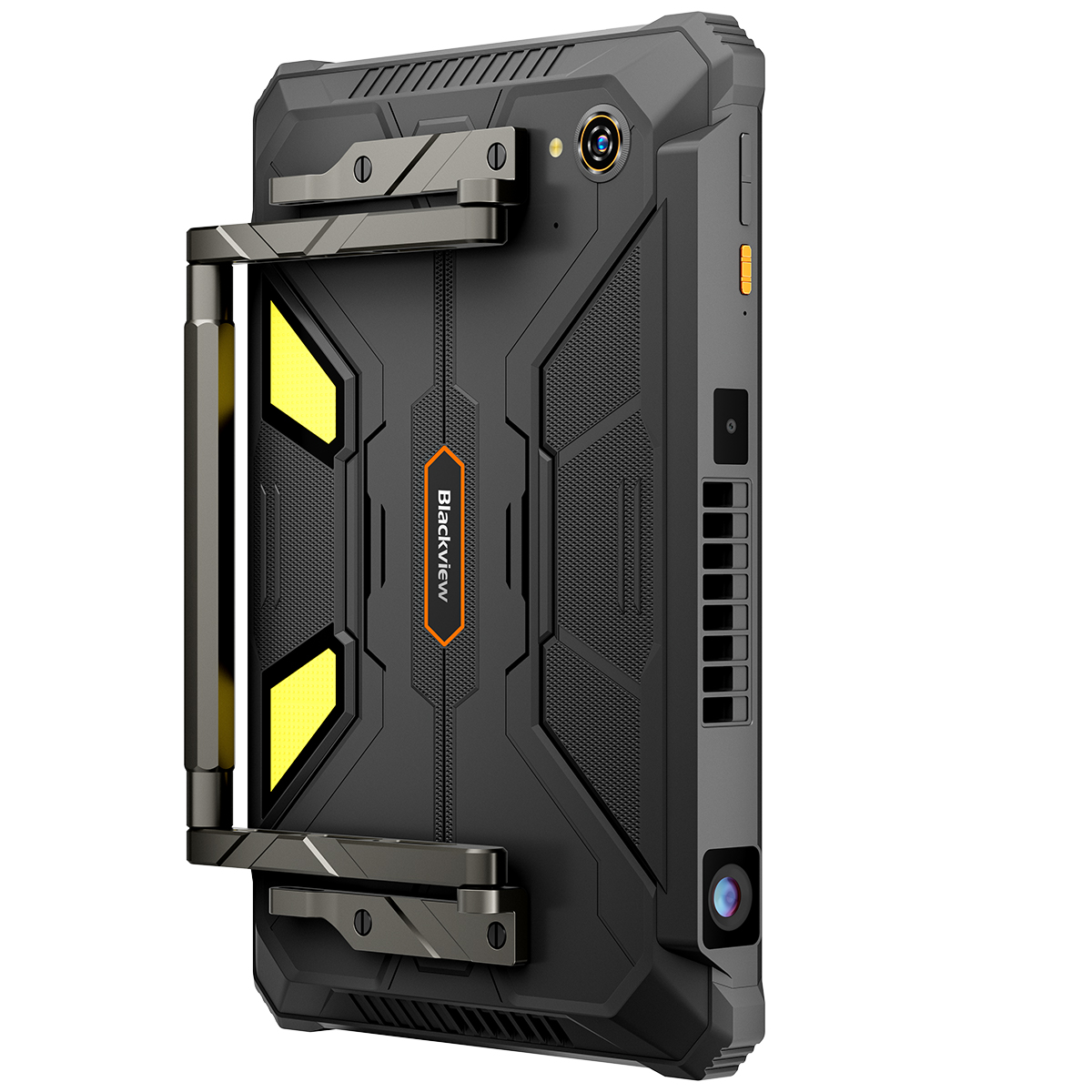 Tablet rugged Blackview. Nero e grigio, con accenti gialli. Con fotocamera, maniglia in metallo e logo Blackview.