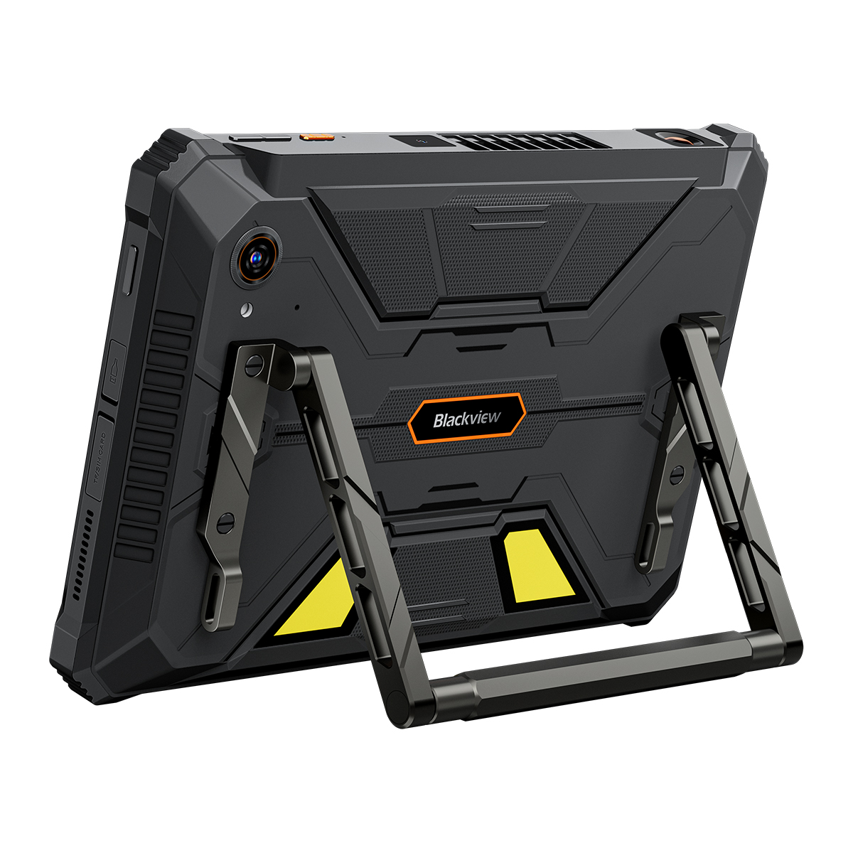 Tablet rugged Blackview. Nero e grigio, con supporto. Dettagli arancioni sul retro. Fotocamera e pulsanti visibili.