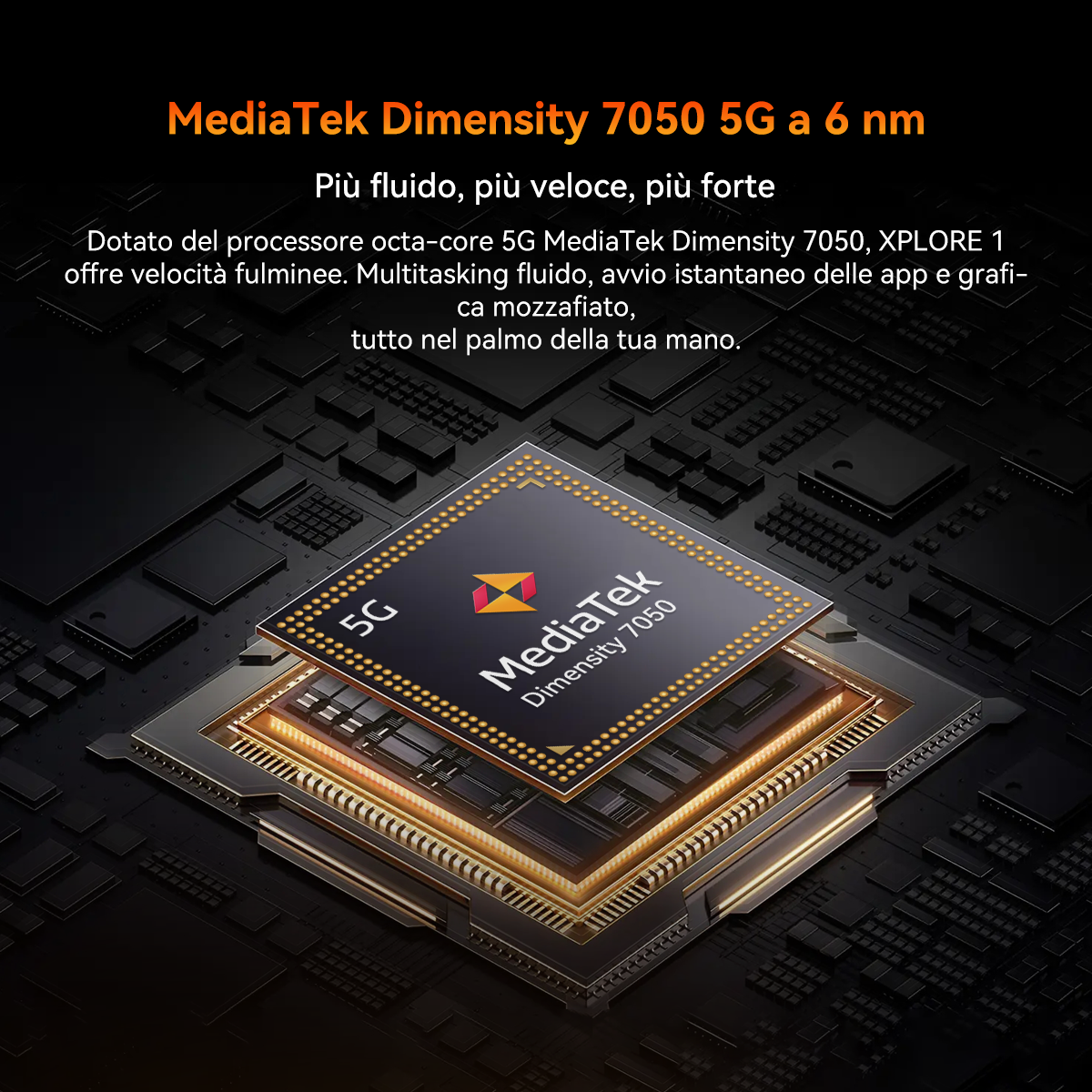 Grafika przedstawiająca procesor MediaTek Dimensity 7050. Jest to procesor 5G octa-core, w czarno-złotej kolorystyce.
