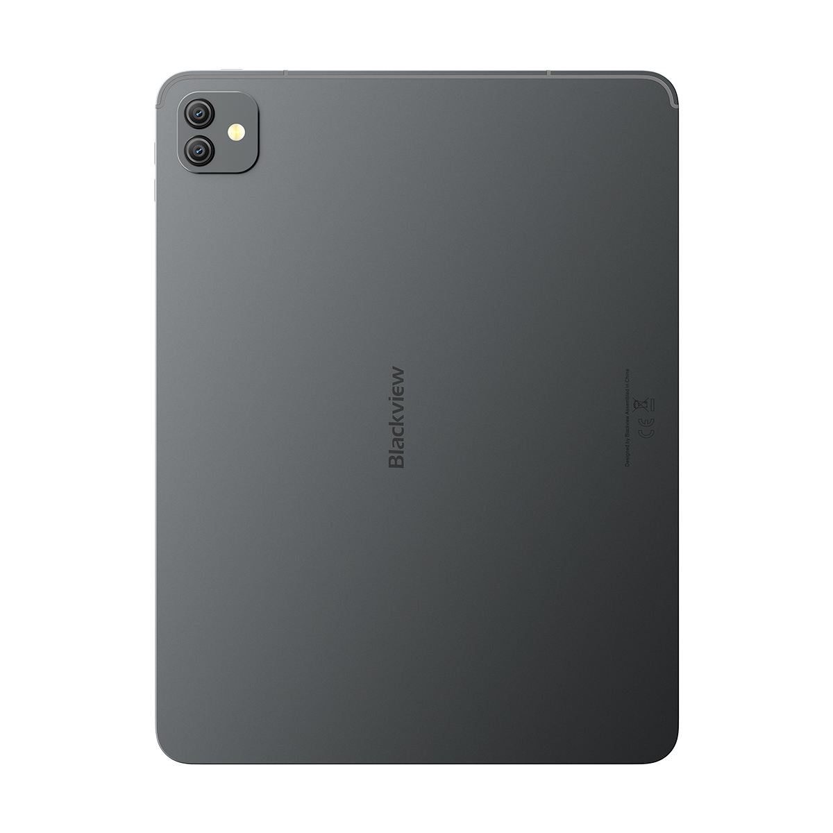 Een zwarte tablet, van achteren gezien. Het heeft een cameramodule linksboven. Het Blackview-logo staat verticaal in het midden.