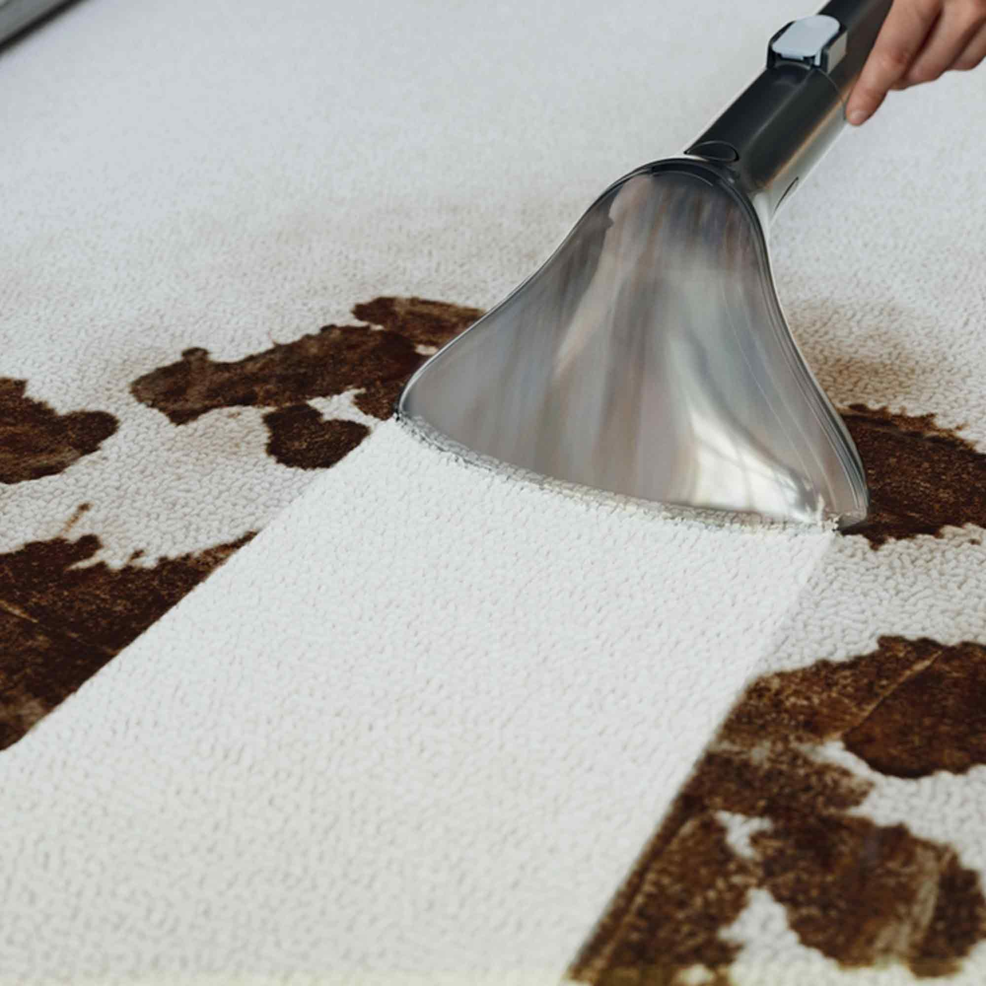 Un tappeto viene pulito con un pulitore per tappeti. Ci sono macchie marroni sul tappeto. Il pulitore sta rimuovendo una macchia.