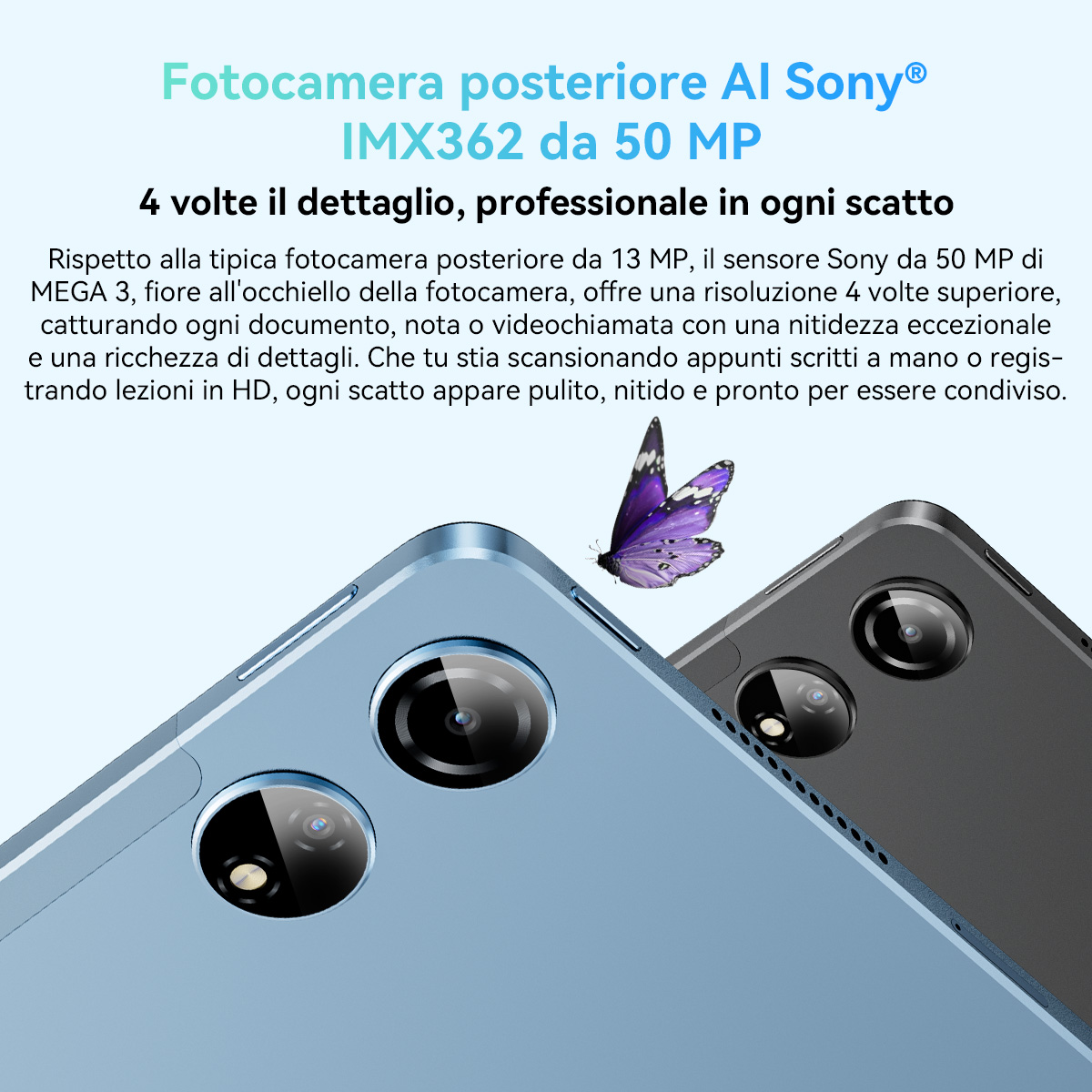 L'immagine mostra due smartphone, blu e grigio, con dettagli della fotocamera. Una farfalla viola è al centro dei telefoni.