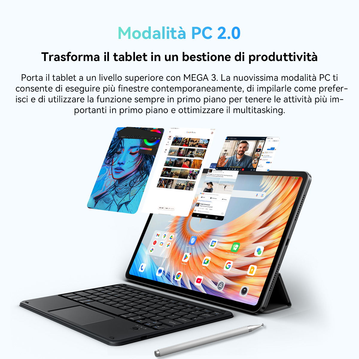 Tablet con tastiera e stilo, mostra più finestre di app, mostrando capacità multitasking. Testo in italiano.